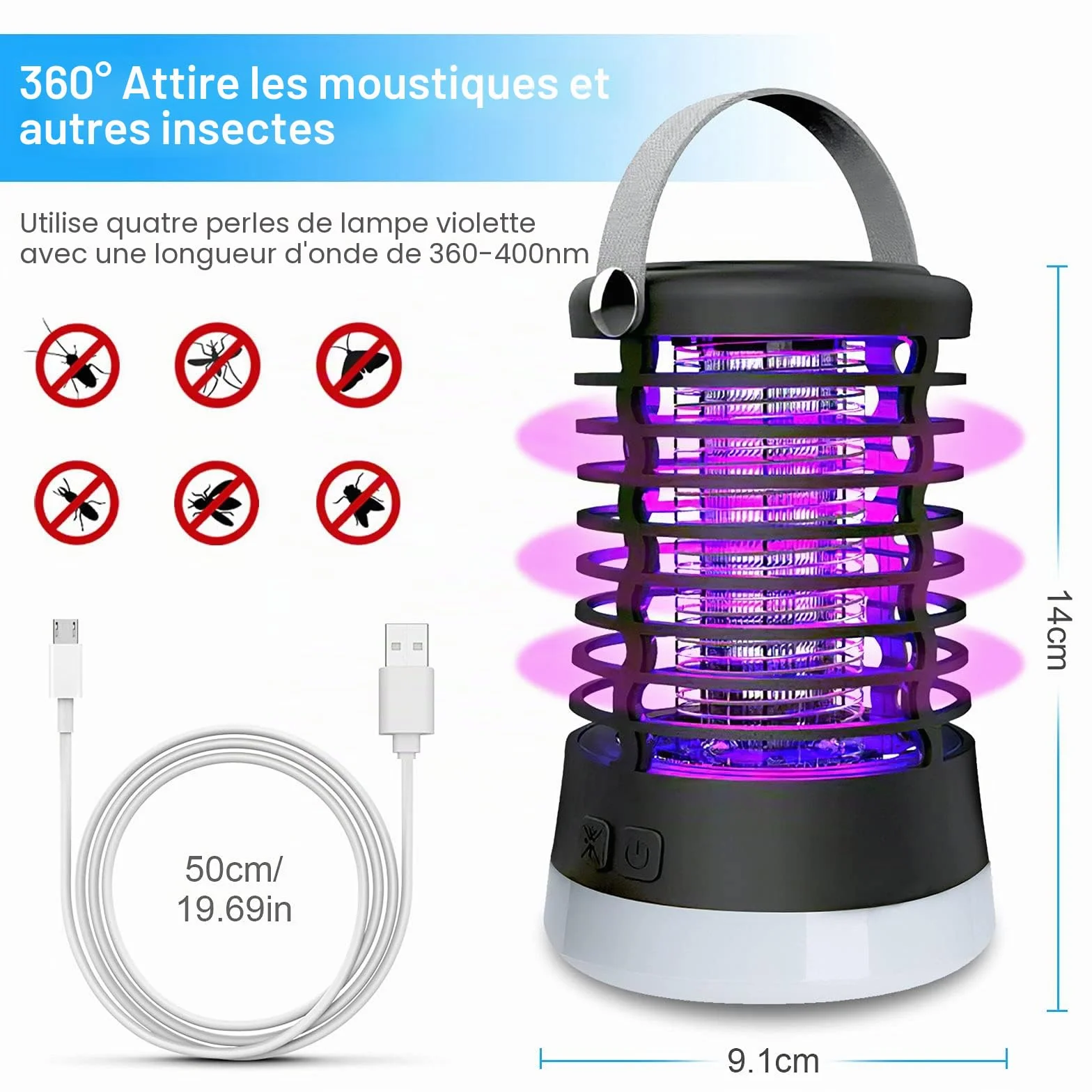 Lampe Anti Moustique Rechargeable 3 en 1 IP66 2200mAh USB Piège à Moustiques pour Intérieur et Extérieur