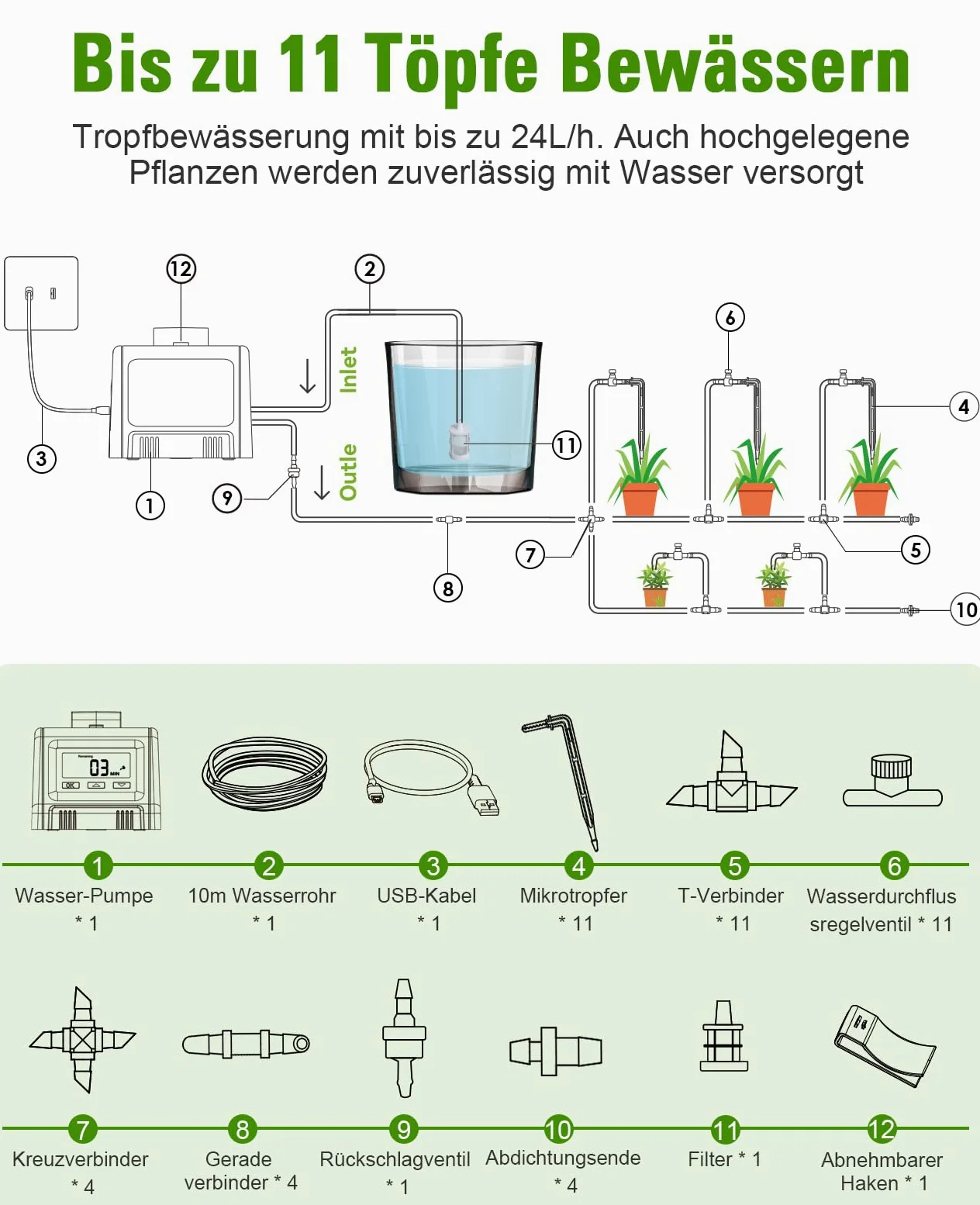 Lvelfe Système d'arrosage automatique, Kit d'irrigation goutte à goutte automatique, affichage LED et alimentation USB, système d'irrigation d'intérieur pour plantes en pot