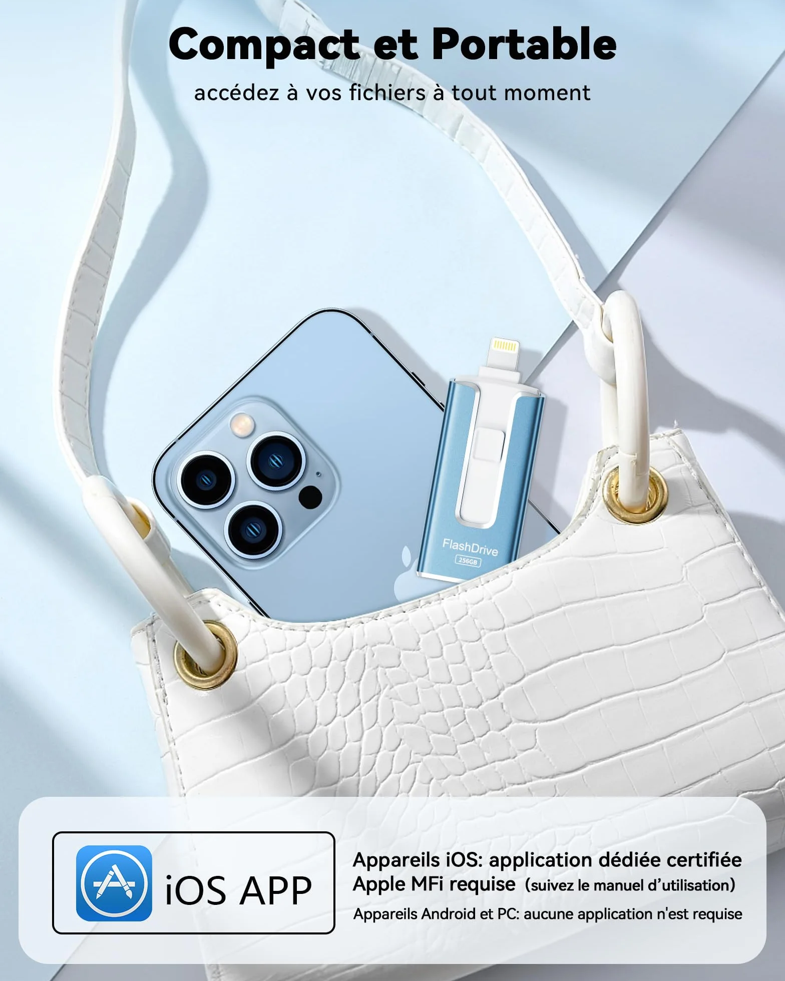 SUDEHO Clé USB iPhone MFI Certifié 256 Go 4 en 1 USB C Photo Stick Mémoire Externe Bleu