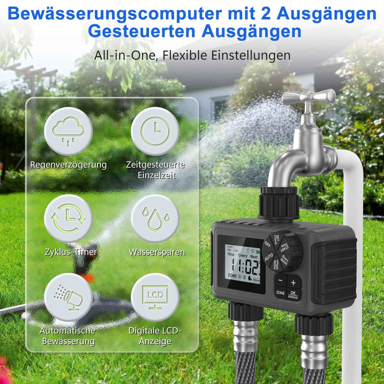 HITRENDS Ordinateur d'irrigation 2 sorties, grand écran LED, minuterie d'arrosage avec retard de pluie/contrôle manuel/minuterie de robinet, convient pour les jardins, les pelouses et les plantes en