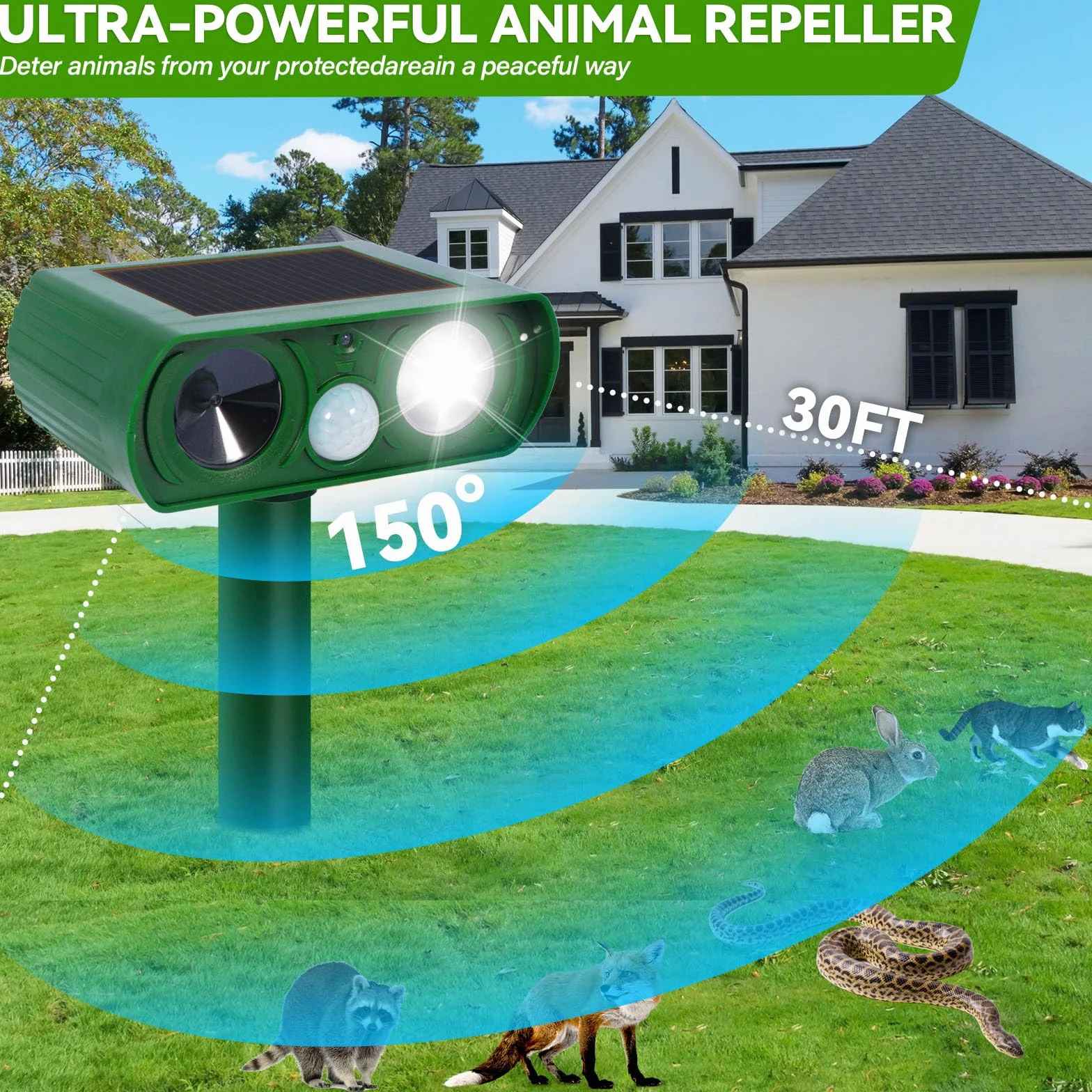 Répulsif Chat Ultrason Extérieur avec Détecteur de Mouvement Lumière LED Étanche pour Jardin Chien Écureuil Renard 510B