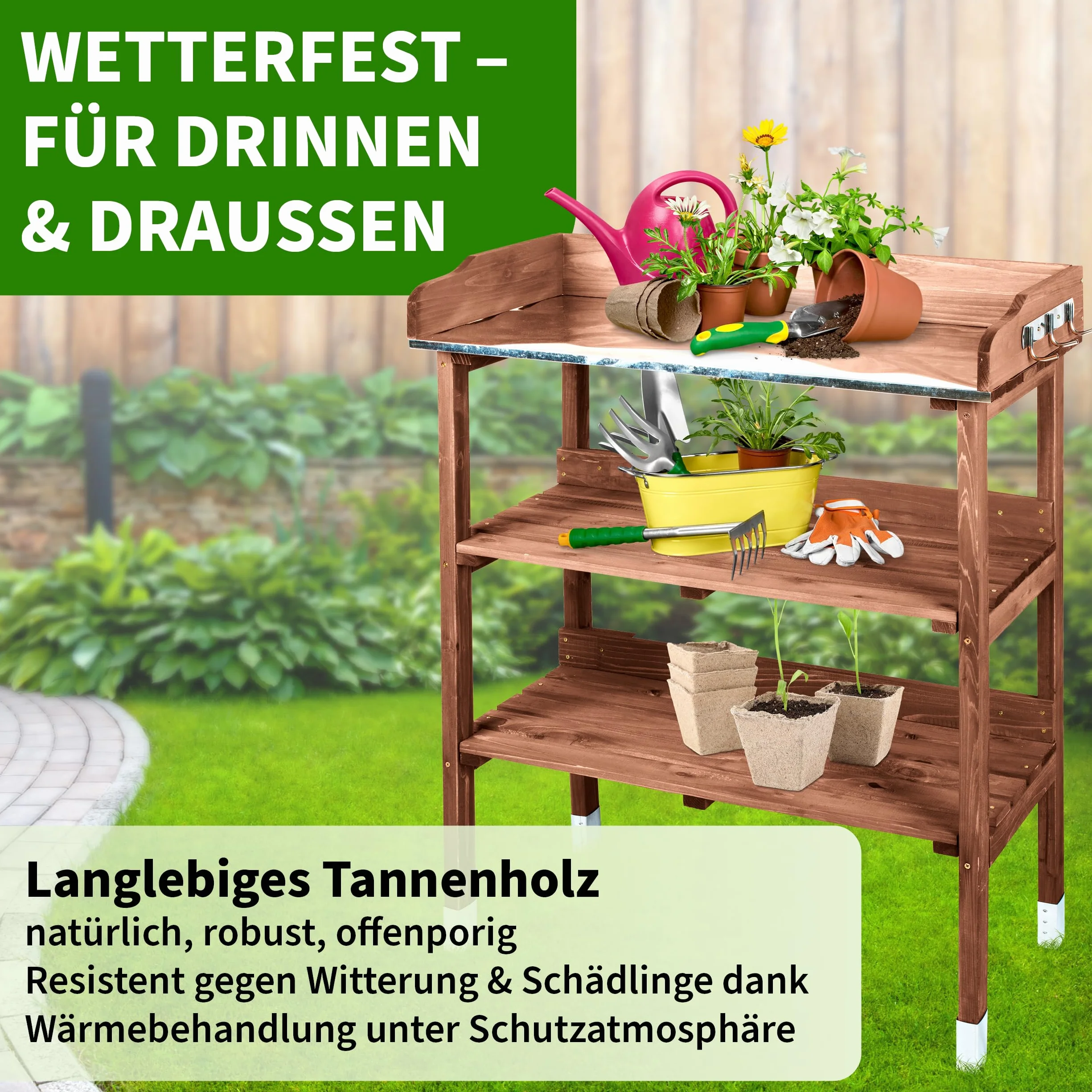 TTL Garden Planter Deluxe Table de jardinage 3 tiroirs plan de travail galvanisé extérieur résistante intempéries étagère 6 crochets bois sapin marron