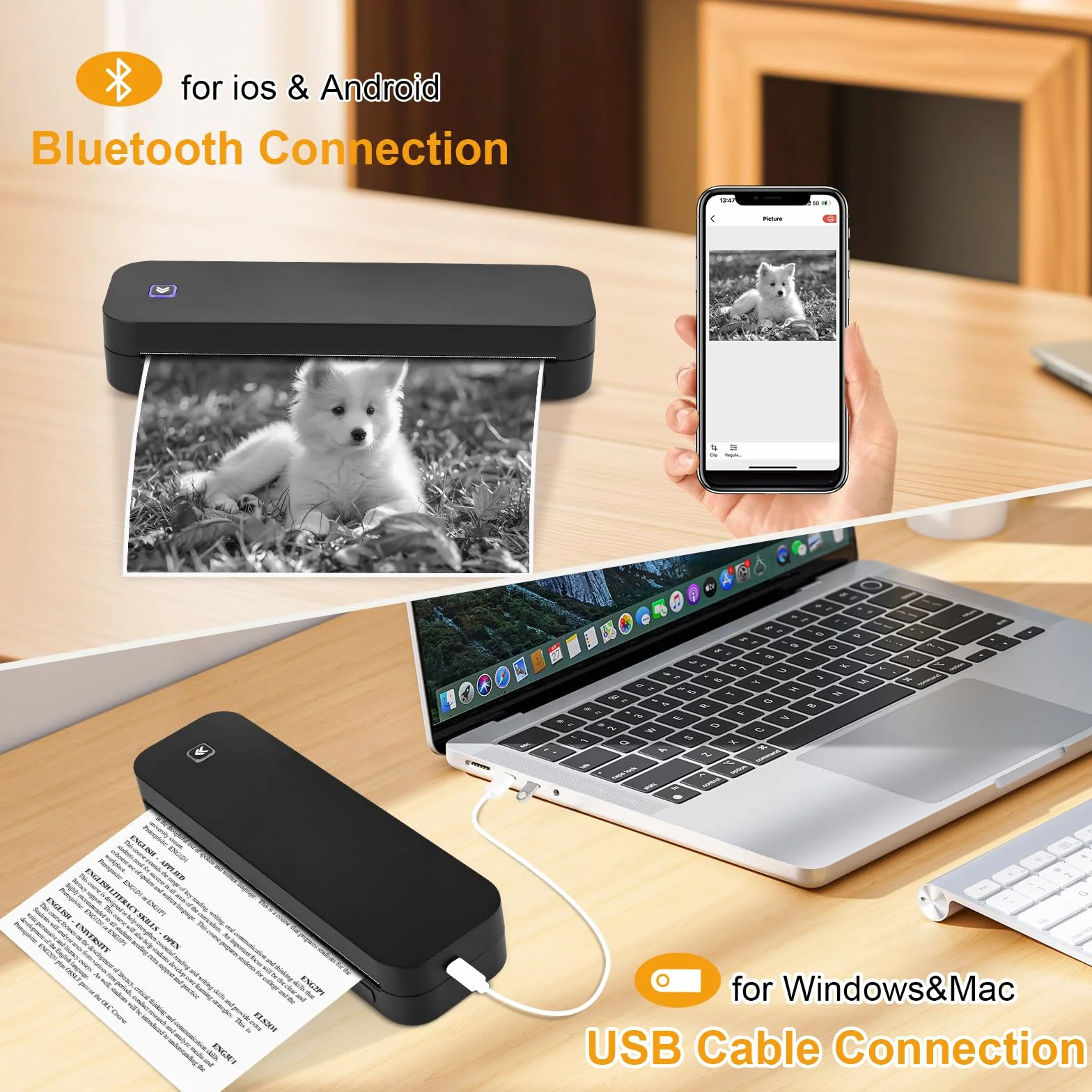 Imprimante Portable A4 Bluetooth Thermique Compacte, Compatible Android iOS, 210x297mm, Noir