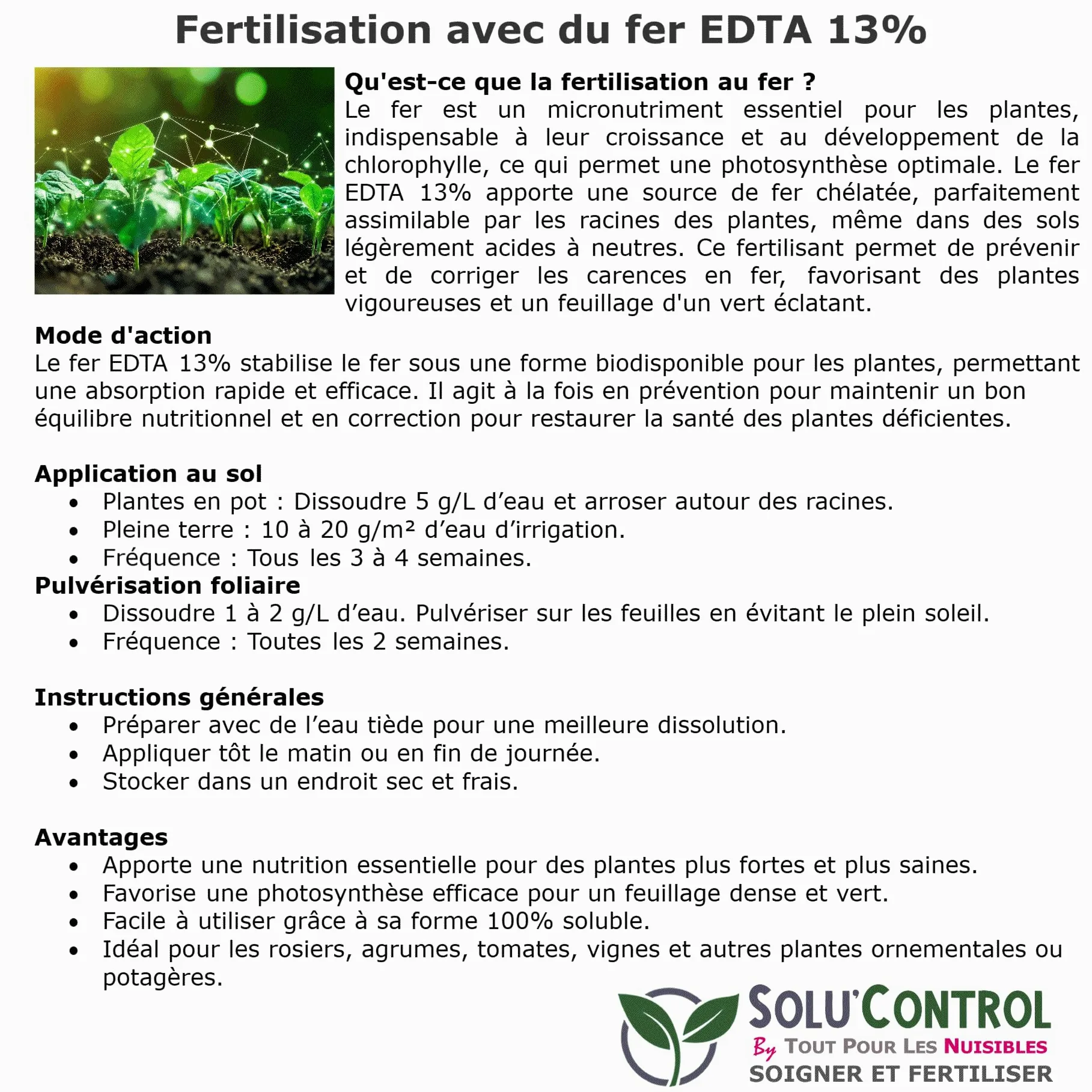 Solu'Control Chélate de Fer EDTA 13%, Anti-chlorose, Fertilisant, Reverdissant, 5 kg