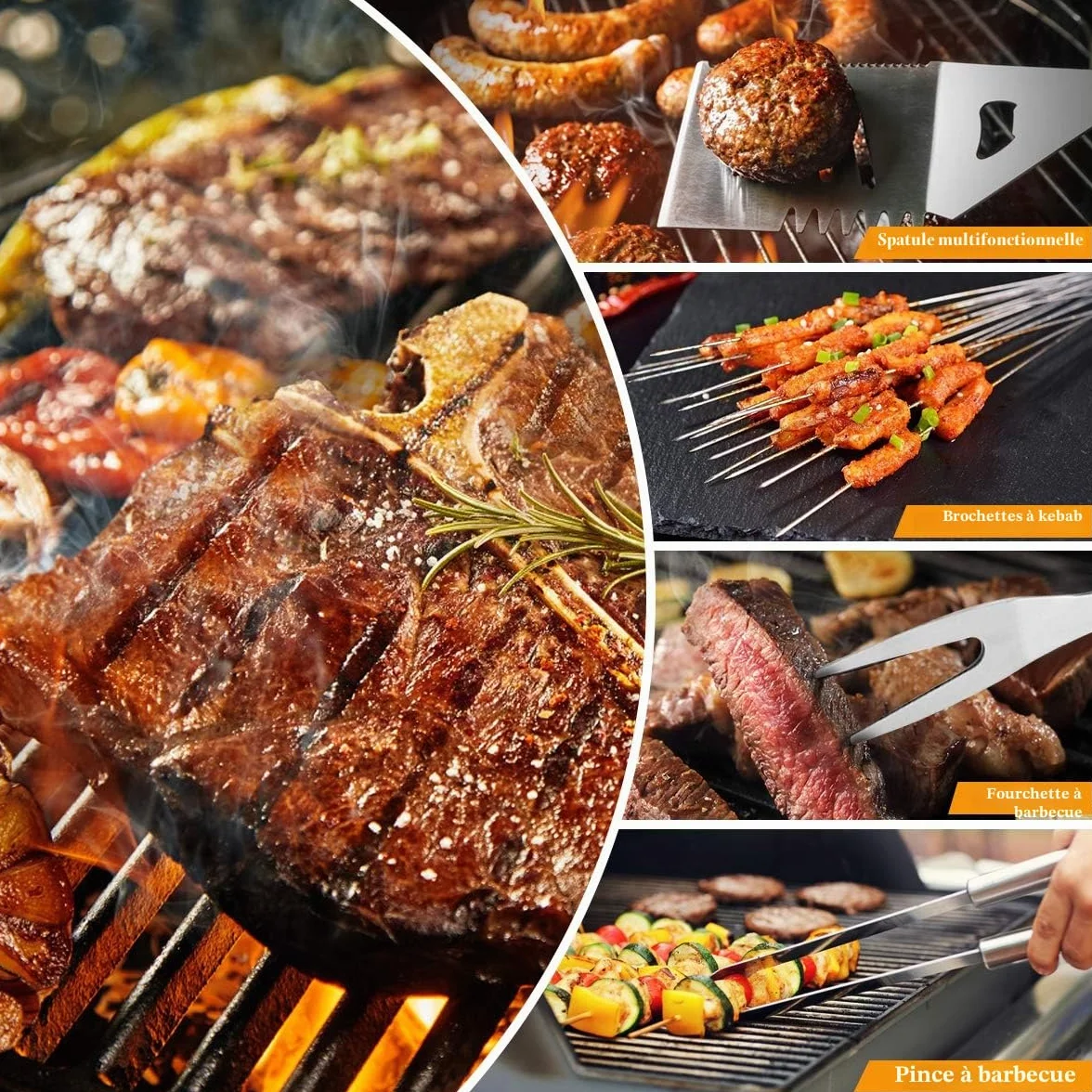 Lot de 10 ustensiles de Barbecue en Acier Inoxydable avec Sac de Transport