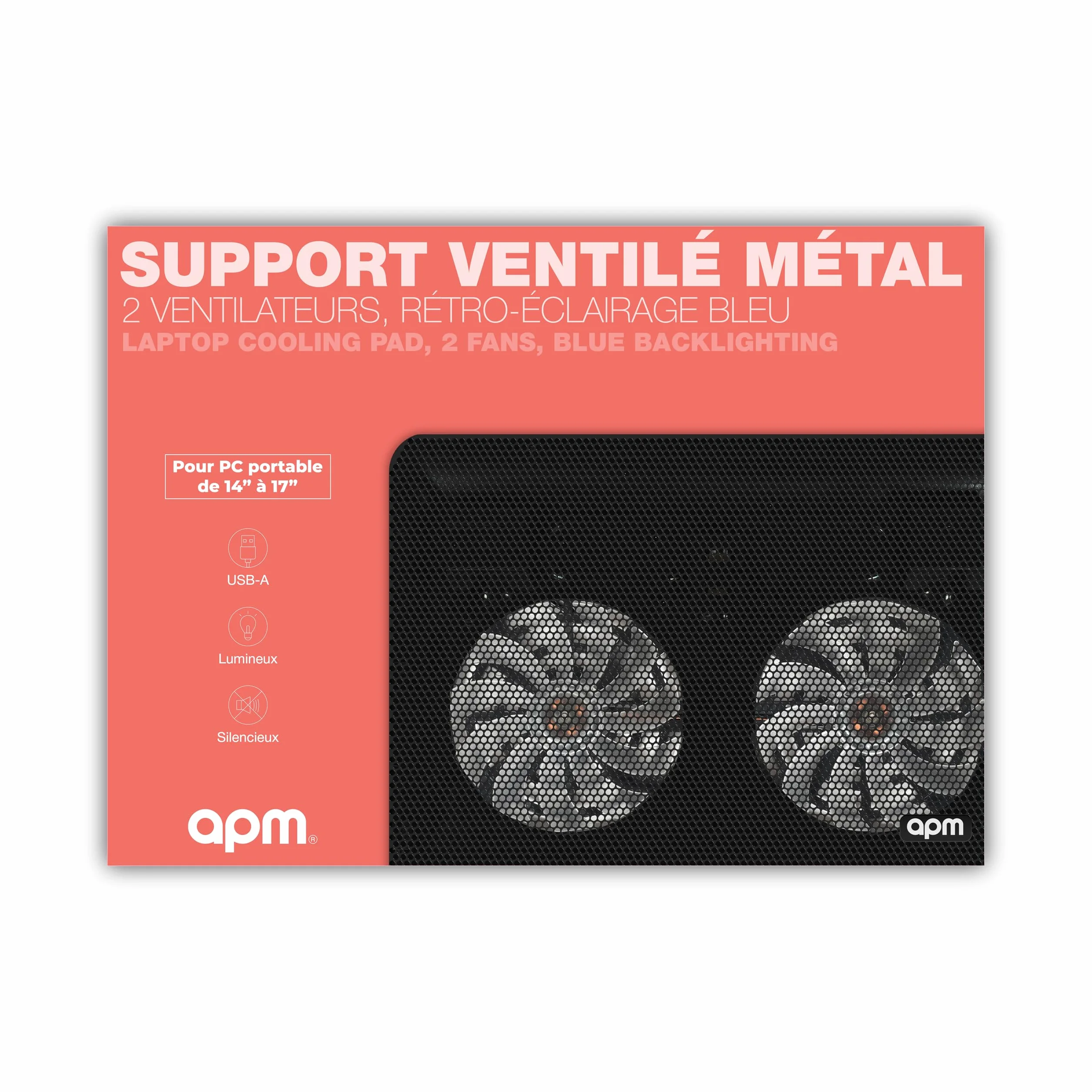 Support Ventilé pour Ordinateur Portable 12"-17", 2 Ventilateurs Silencieux LED Bleue, Structure Métal Résistante, Hauteur Réglable