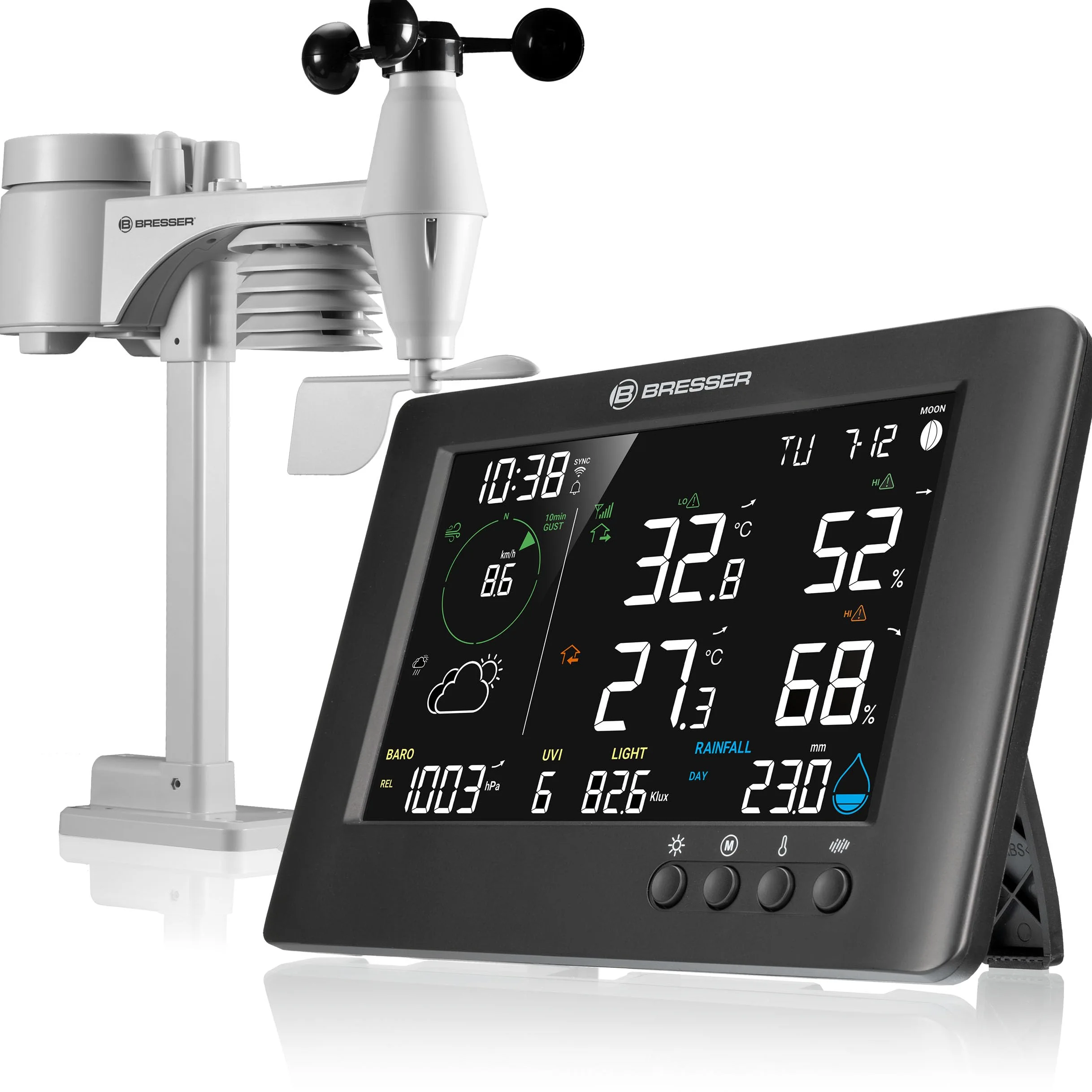 Station météo 7-en-1 TB WiFi : Données étendues, Prévision graphique, Multi-capteurs, Surveillance climat intérieur, Fonction d'alerte | Bresser TB Station météo sans fil professionnelle Wifi 7 en 1
