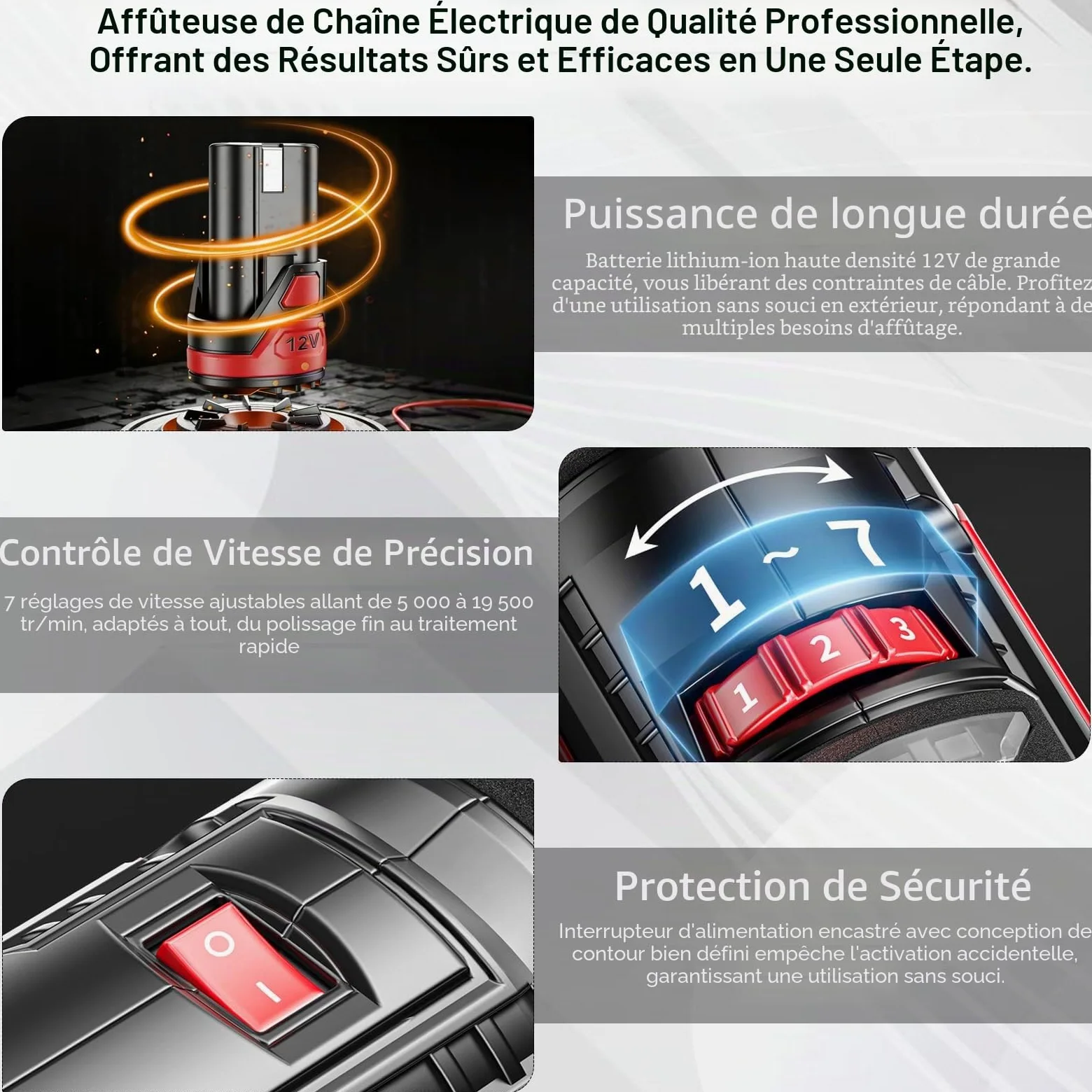 Kit d'affûtage électrique pour tronçonneuses, 2 batteries + chargeur. Outil à grande vitesse avec 20 têtes céramique & 20 meules diamantées, adapté à toutes les chaînes.