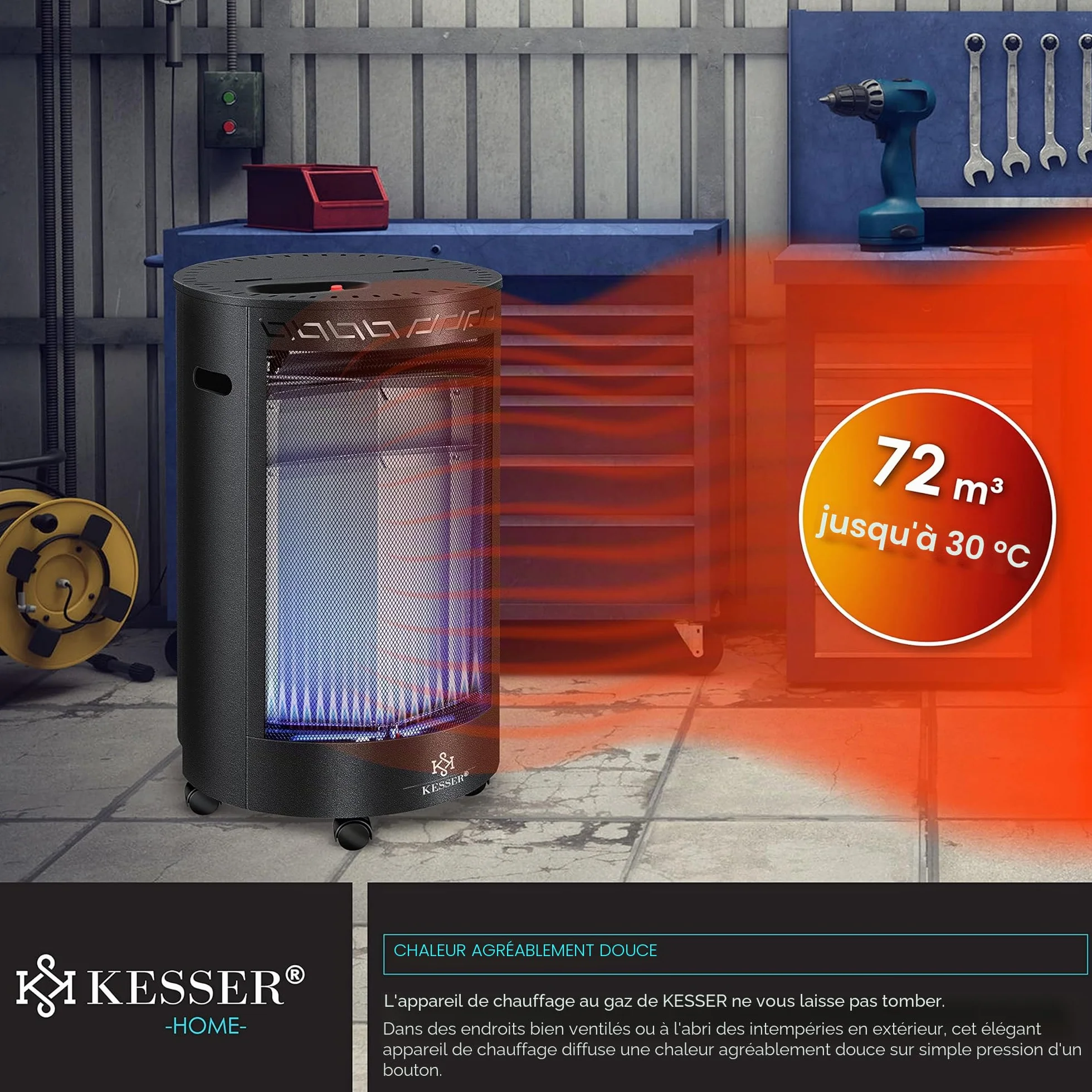 KESSER Chauffage à gaz en céramique 4200 watts avec détendeur, tuyau de gaz, brûleur infrarouge noir