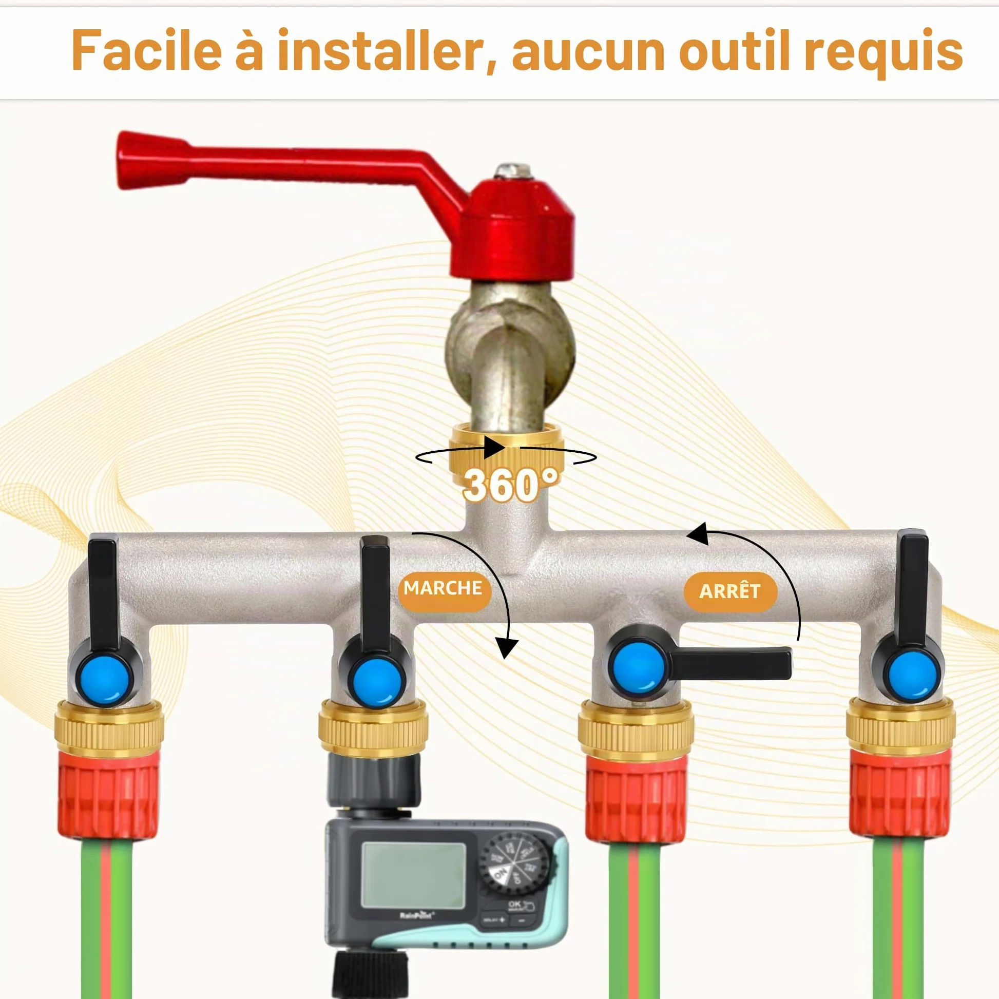 Distributeur d'eau à 4 voies, poignée allongée, distributeur d'eau en laiton de 3/4" avec robinets d'arrêt individuels, 4 distributeurs adaptateur 3/4" 1/2" pour
