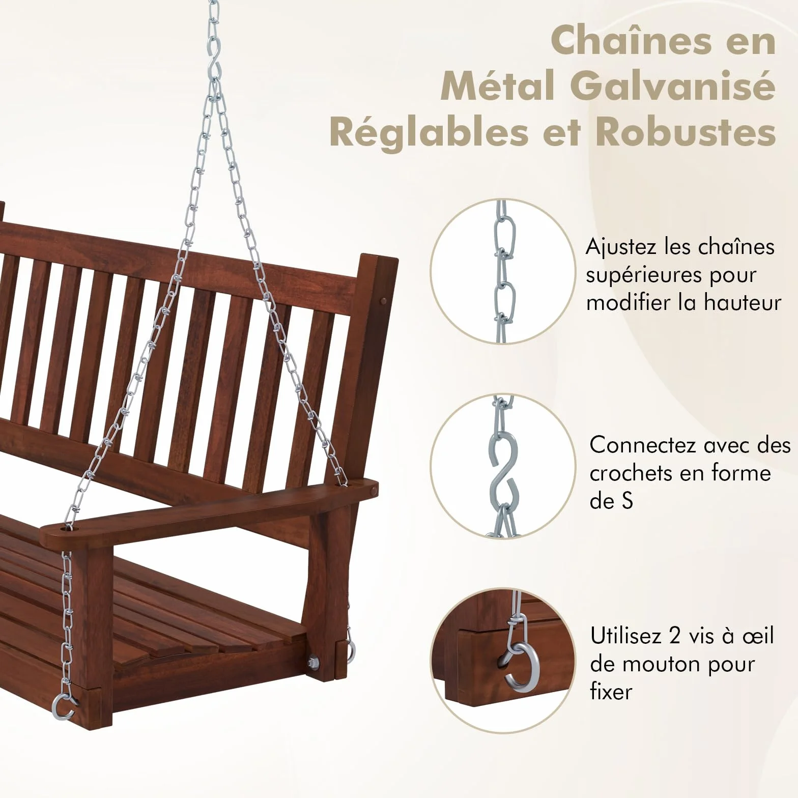 COSTWAY Balançoire Suspendue 3 Personnes Banc Extérieur Bois Massif Chaîne Réglable Charge 360KG Marron