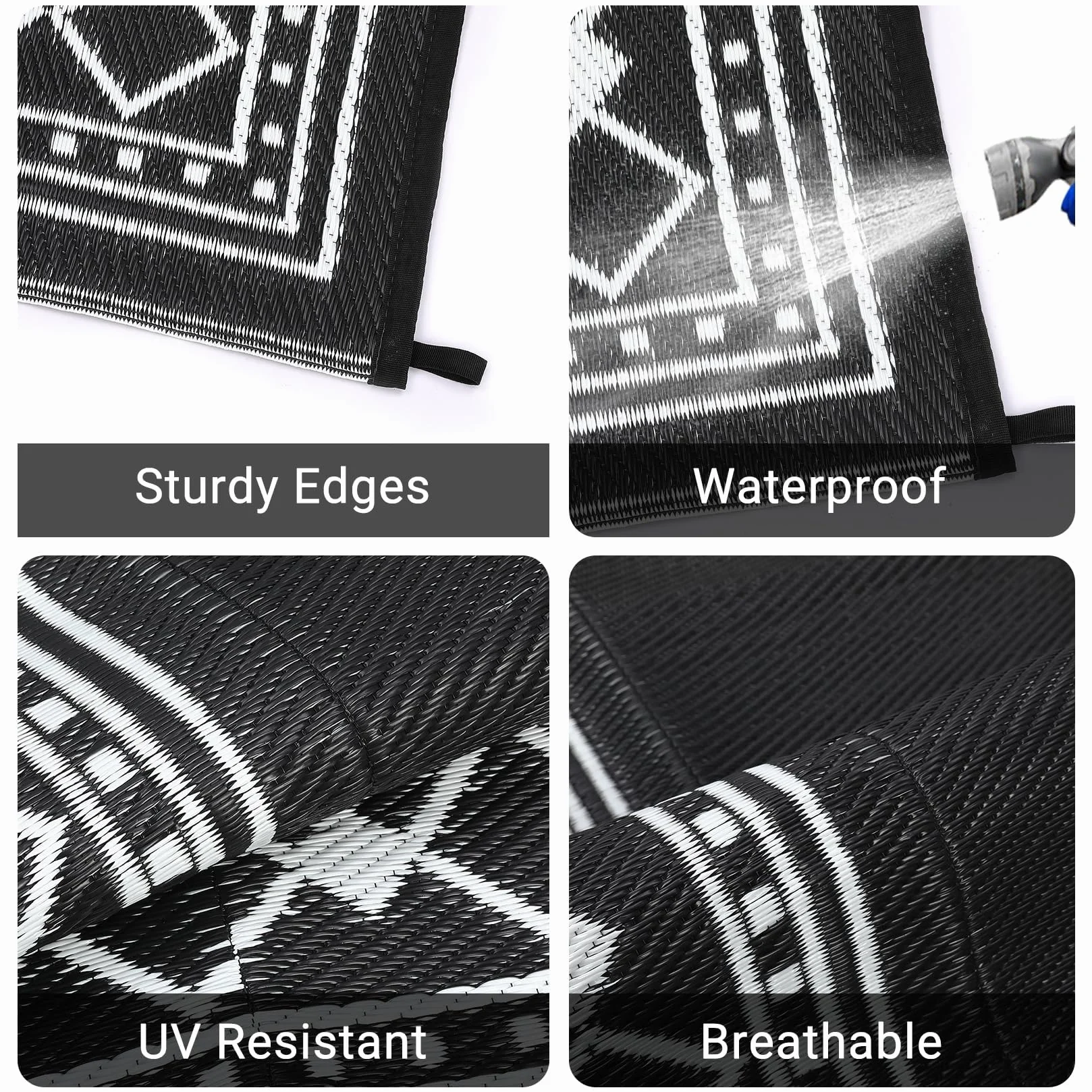 CAROMIO Grand tapis d'extérieur imperméable en paille en plastique, réversible, moderne, géométrique, pour terrasse, facile à nettoyer, tapis d'extérieur pour piscine, jardin, noir, 22,9 x 30,5 cm