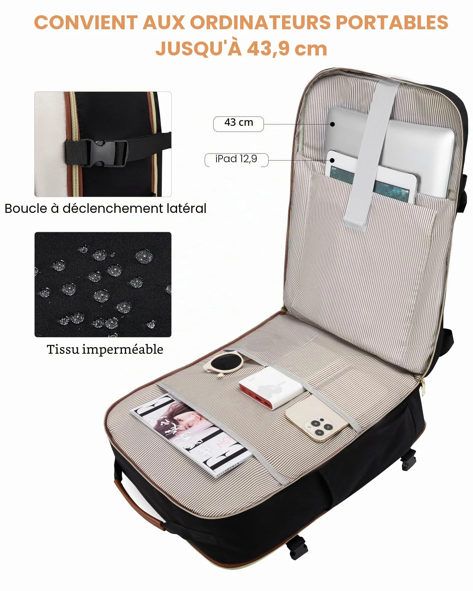 LOVEVOOK Sac à Dos Voyage Cabine Avion 45x36x20 Femme Homme Étanche Ordinateur Portable