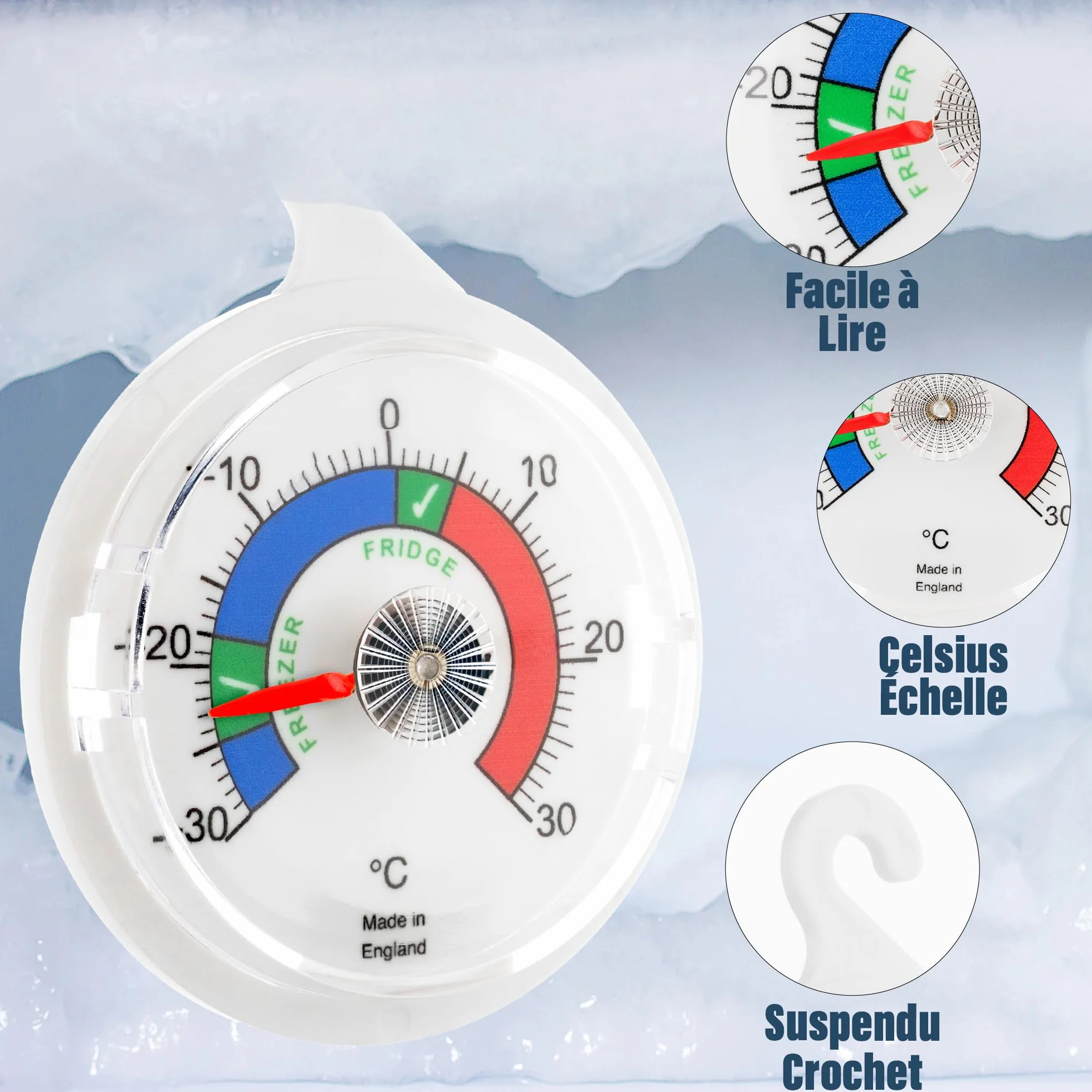 Lot de 2 thermomètres de réfrigérateur à cadran 65 mm zones colorées