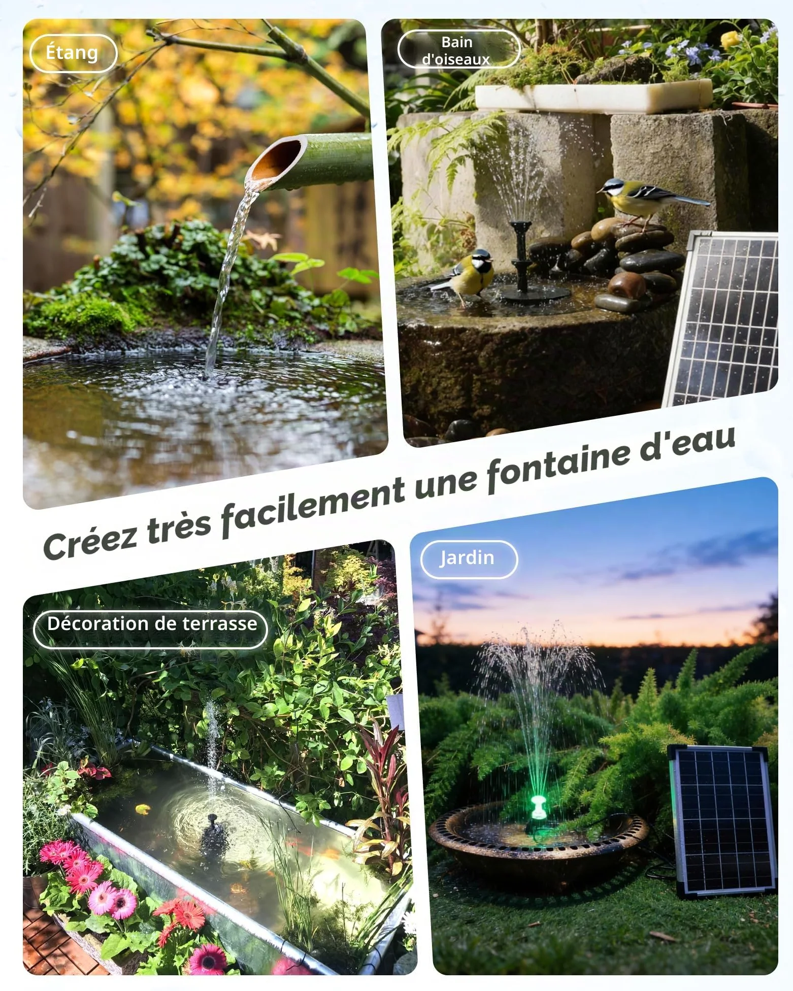 POPOSOAP Pompe solaire de bassin 12 W avec batterie de 4200 mAh, lumières LED colorées et télécommande, pompe solaire pour bain d'oiseaux, aquarium, étang de jardin et fonctions d'eau extérieure