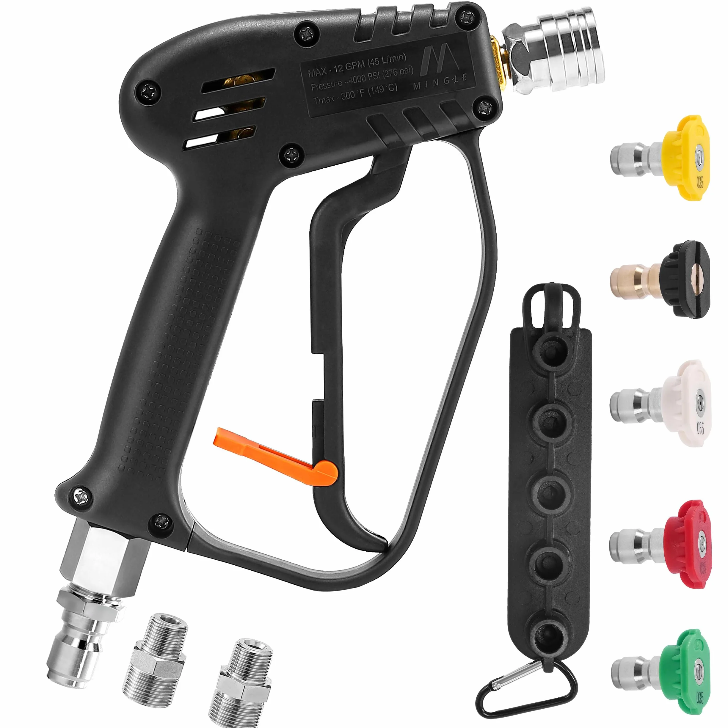 M MINGLE Pistolet pour Nettoyeur Haute Pression, Raccord Pivotant, 280 Bar | Lance Haute Pression Universel avec Raccord Rapide 3/8", Raccords M22 14mm et M22 15mm, avec 5 Buses de Pulvérisation