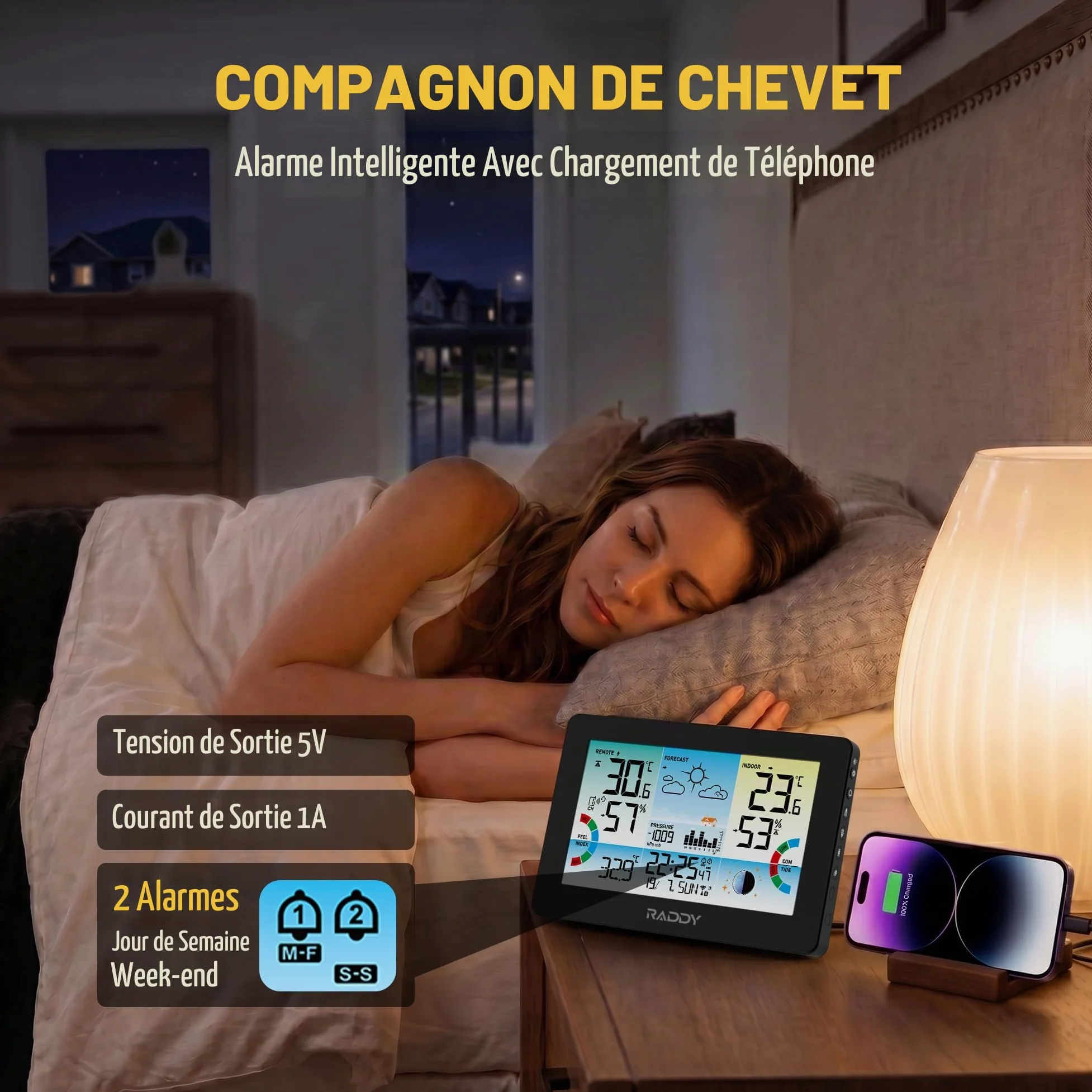 Raddy HW75 Station Météo Sans Fil Intérieur Extérieur, Écran Couleur 7,5", Thermomètre Hygromètre avec Pression Barométrique, Horloge Atomique, Indice de Chaleur, Point de Rosée, Phase Lunaire, Jardin