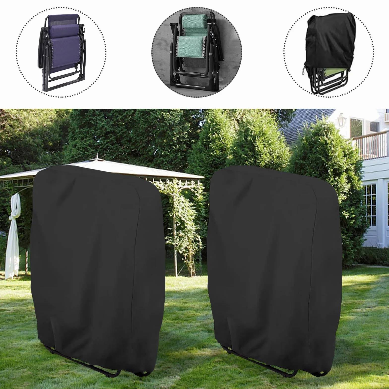 Housse de Protection pour Chaise Longue Pliante Oxford Coupe-Vent Anti-UV Imperméable Noir