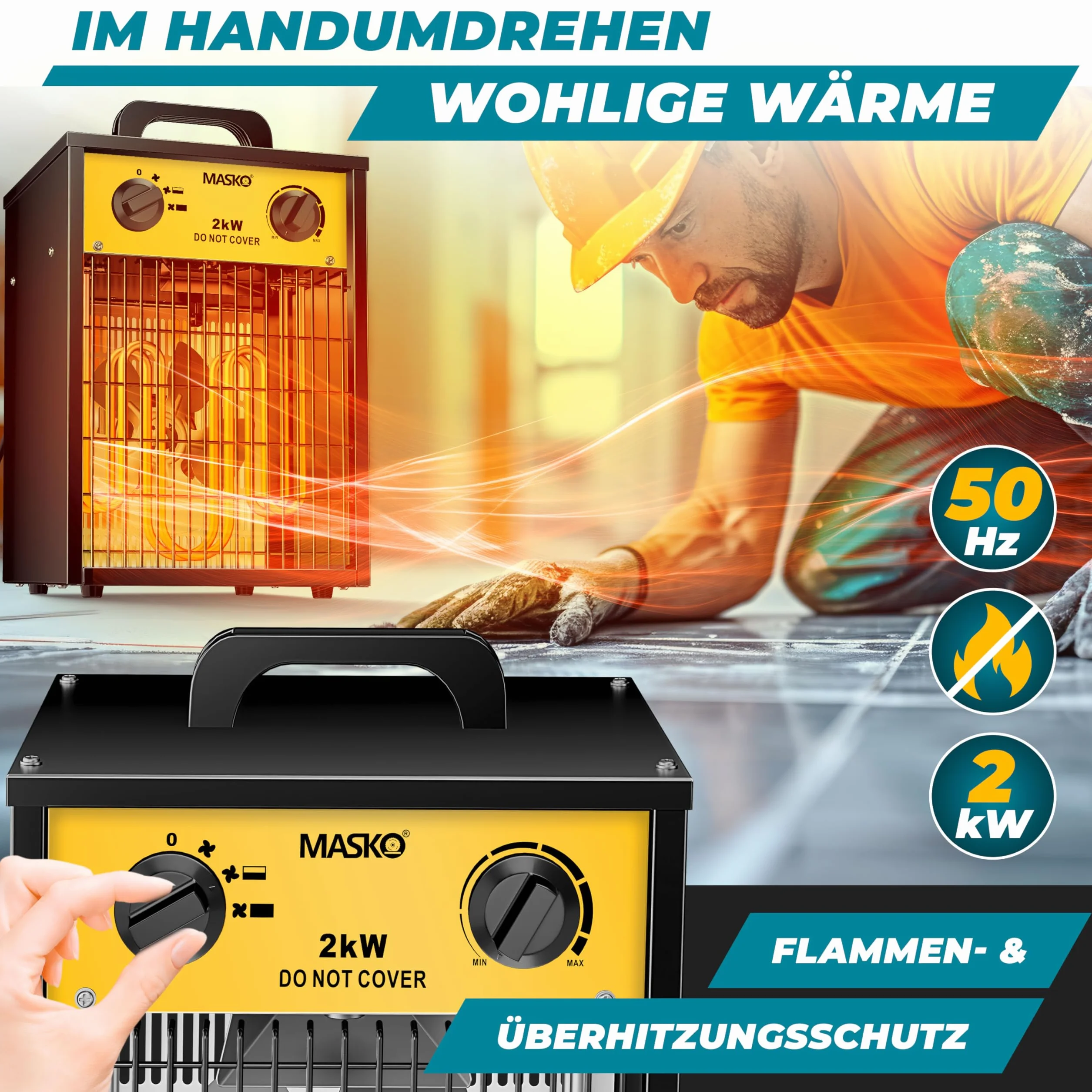 Masko Chauffage électrique 2kW avec thermostat intégré 2000W 3 niveaux chauffage ventilateur protection surcharges