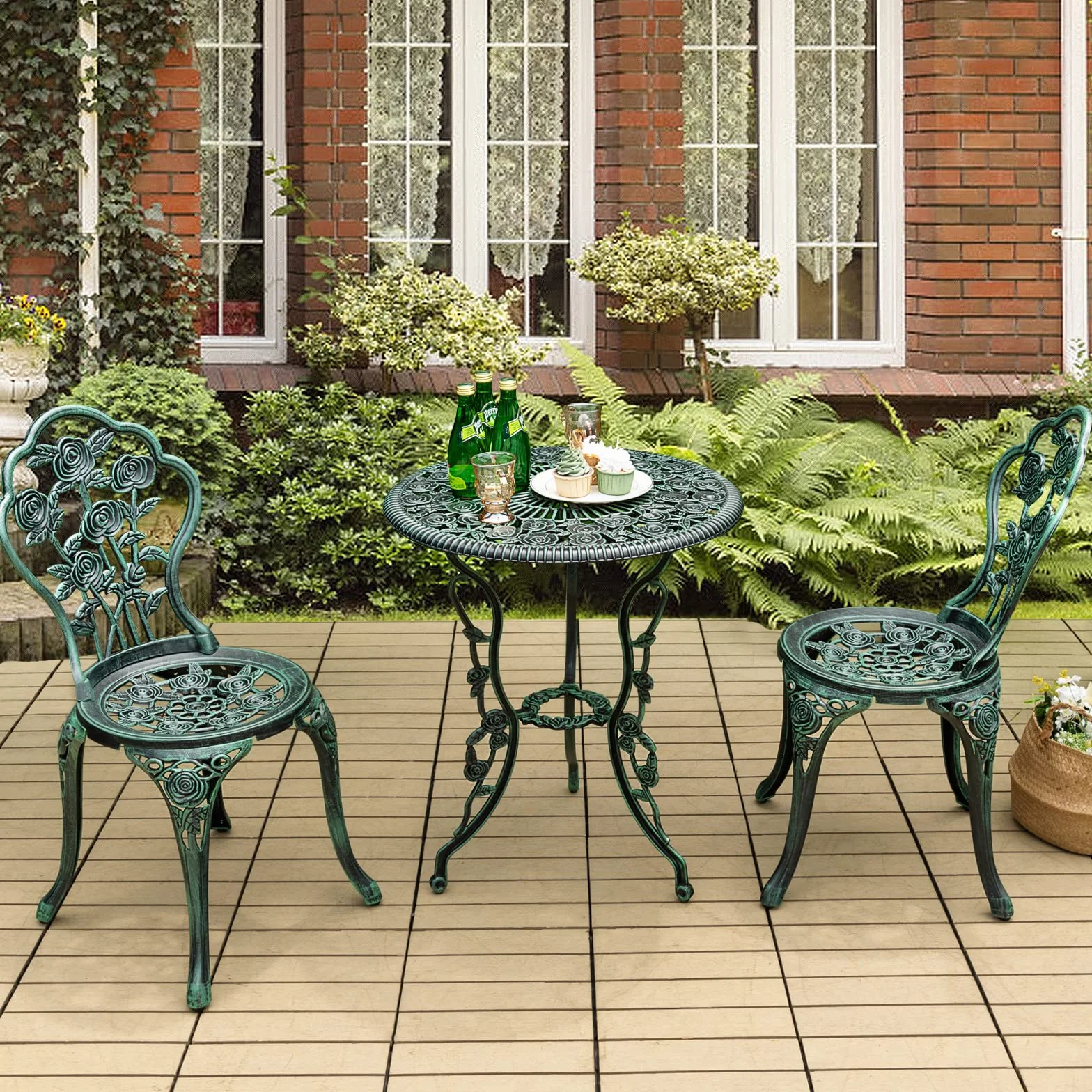 Salon de Jardin 2 Personnes Fonte Aluminium Table Extérieure avec 2 Chaises Trou Parasol Motif Rose Vert
