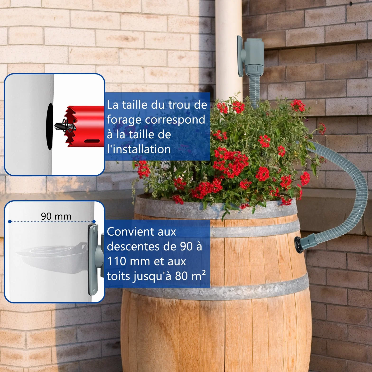 Récupérateur Eau de Pluie pour Tuyau de Descente Ø 90-110mm, Toitures Jusqu'à 80 m²