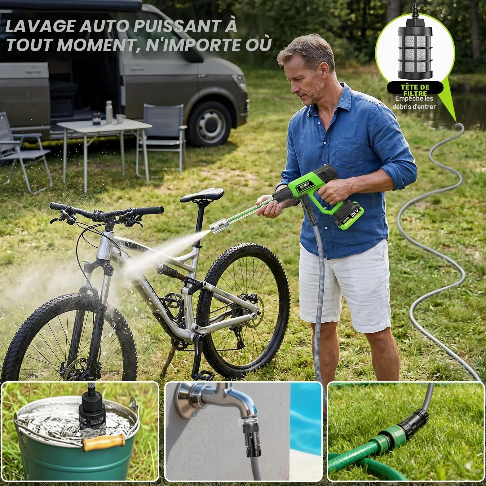 100 Bar Nettoyeur Haute Pression sans Fil avec 2*Batteries 4.0Ah, Moteur sans Balais, Mode 3 Vitesses, Nettoyeur Haute Pression avec Pompe, buse 5 en 1 pivotante à 180°, Tuyau de 5 m