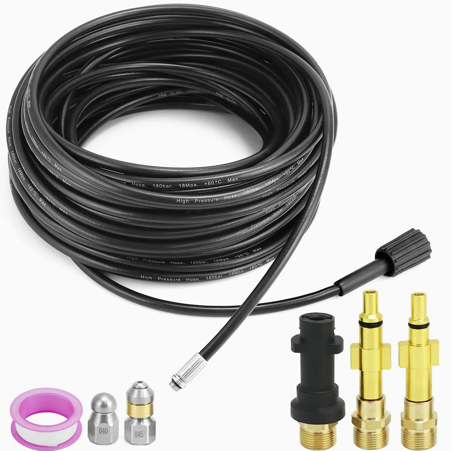 QWORK® Tuyau de nettoyage de tuyaux 30M 180bar, tuyau déboucheur flexible, avec adaptateur, compatible avec les nettoyeurs haute pression K-Series K2, K3, K4, K5, K6, K7