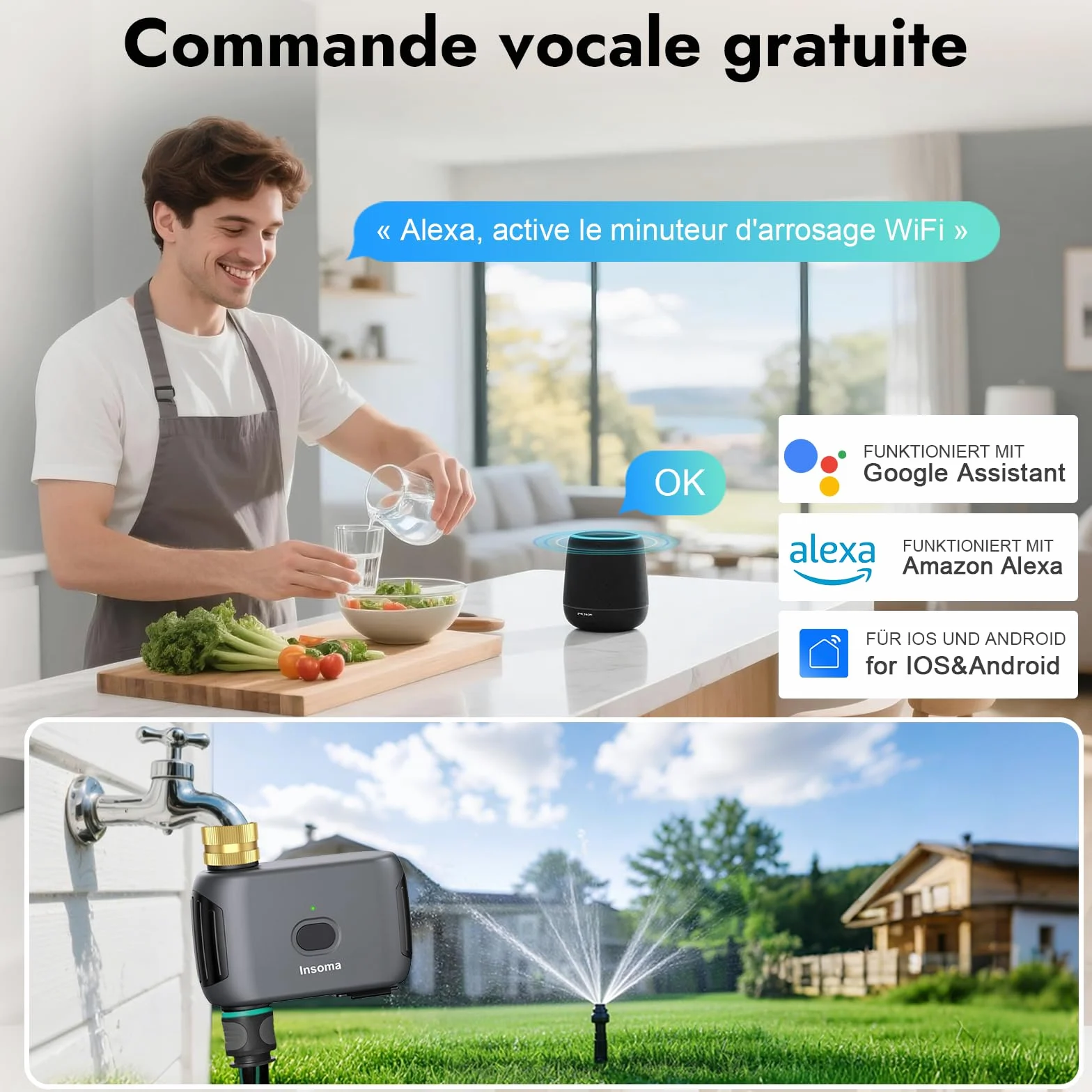 Insoma Minuteur d'eau WiFi pour tuyaux d'arrosage, minuterie Intelligente d'arrosage, télécommande par Application, minuterie de Tuyau WiFi, Commande vocale avec Alexa, Retard de Pluie et Mode Manuel