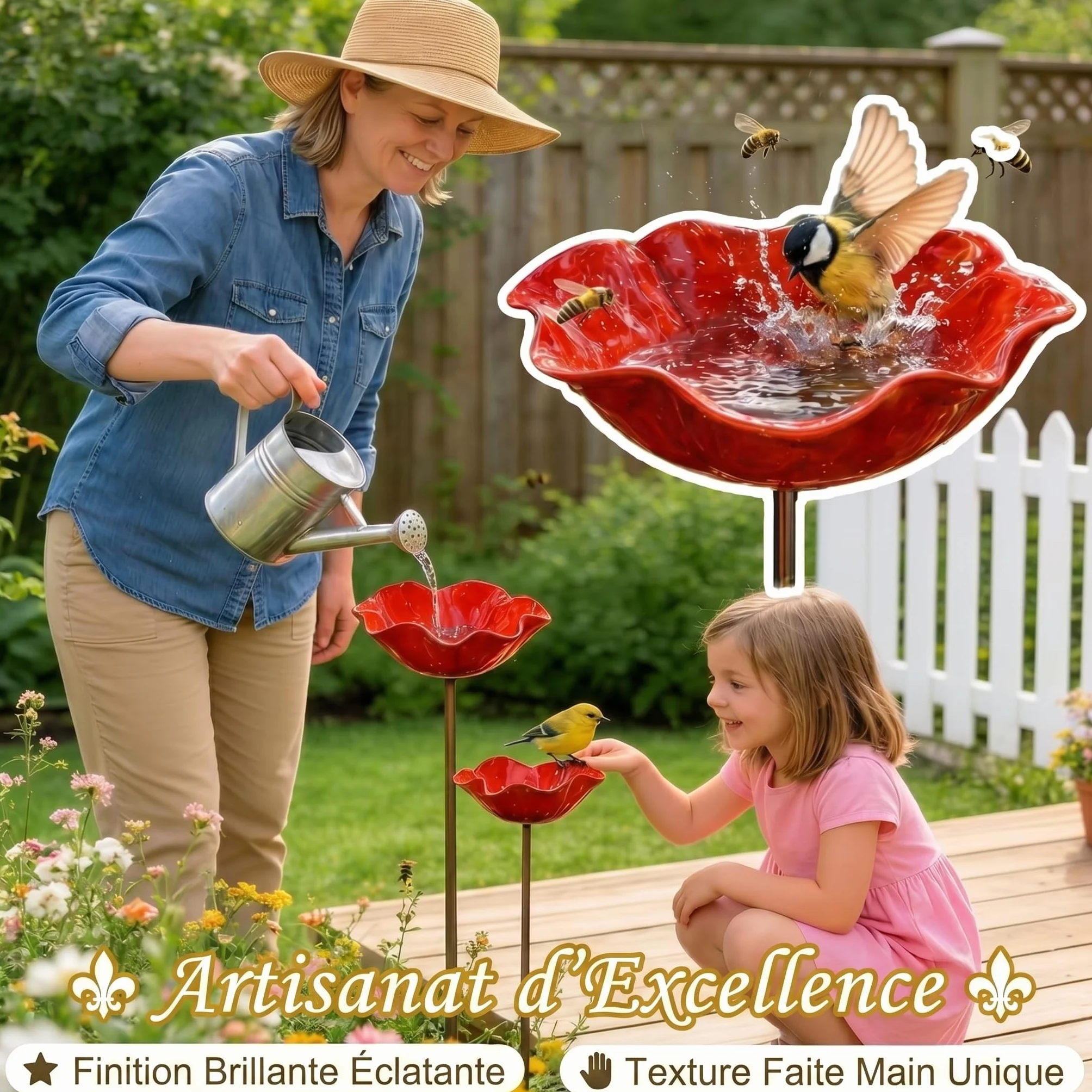 Bain d'oiseaux Extérieur sur Pied en Métal Forme de Fleur, Mangeoire & Abreuvoir pour Jardin Balcon