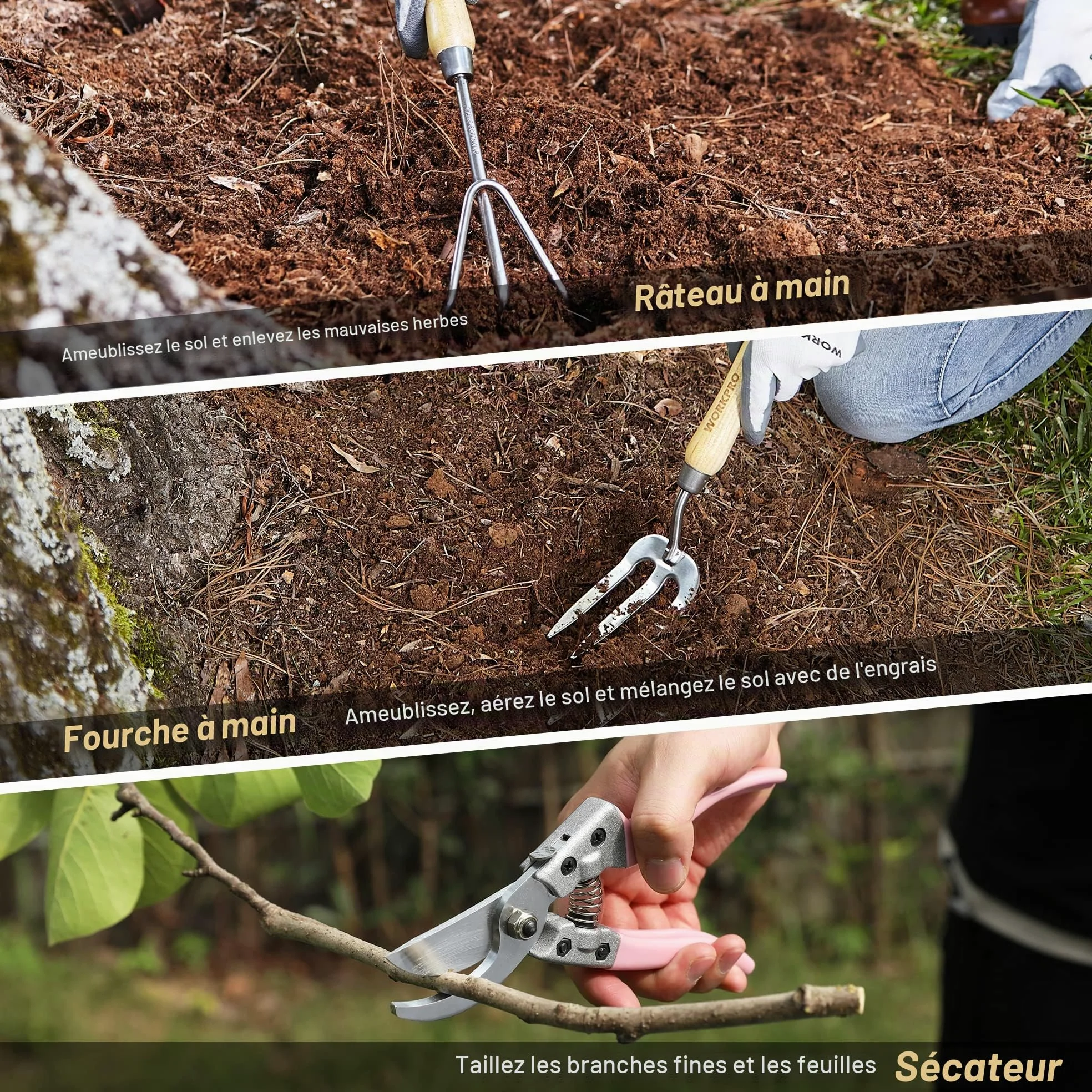 WORKPRO Ensemble d'Outils de Jardinage Rose 8 Pièces en Acier Inoxydable | Poignées en Bois, avec Sécateur, Gants, Sarcloir, Griffe, Fourche, Pelle à Terreau et Transplantoir