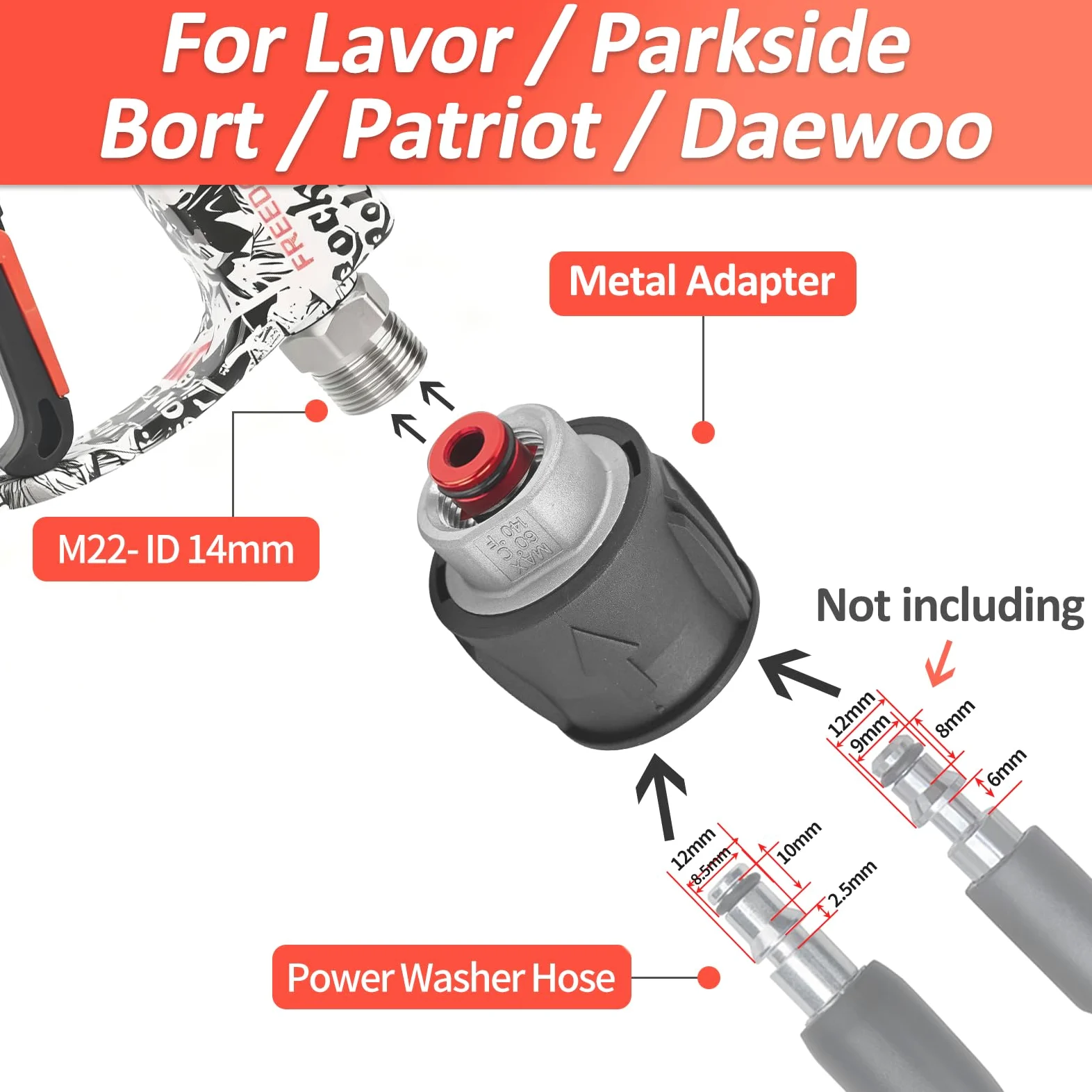BEAR FORCE Pistolet pulvérisateur pour nettoyeur haute pression M22-ID14 mm et connecteur rapide de 6,35 mm, ensemble de lance à mousse pour lavor, Vax, pour nettoyeur haute pression Elitech, lavage