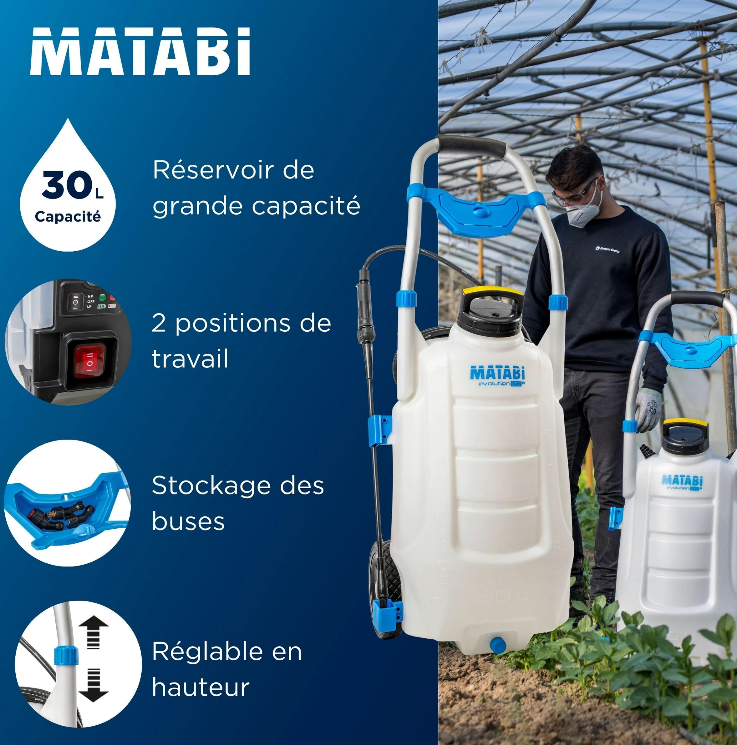 Matabi 30LTCs - Pulvérisateur Électrique 30 L sur Chariot - Batterie 18V | Pulvérisateur de Jardin avec 5,5 bar, contrôle électronique,4 buses, tuyau 8 m, autonomie jusqu’à 150L, poignée inox et roues