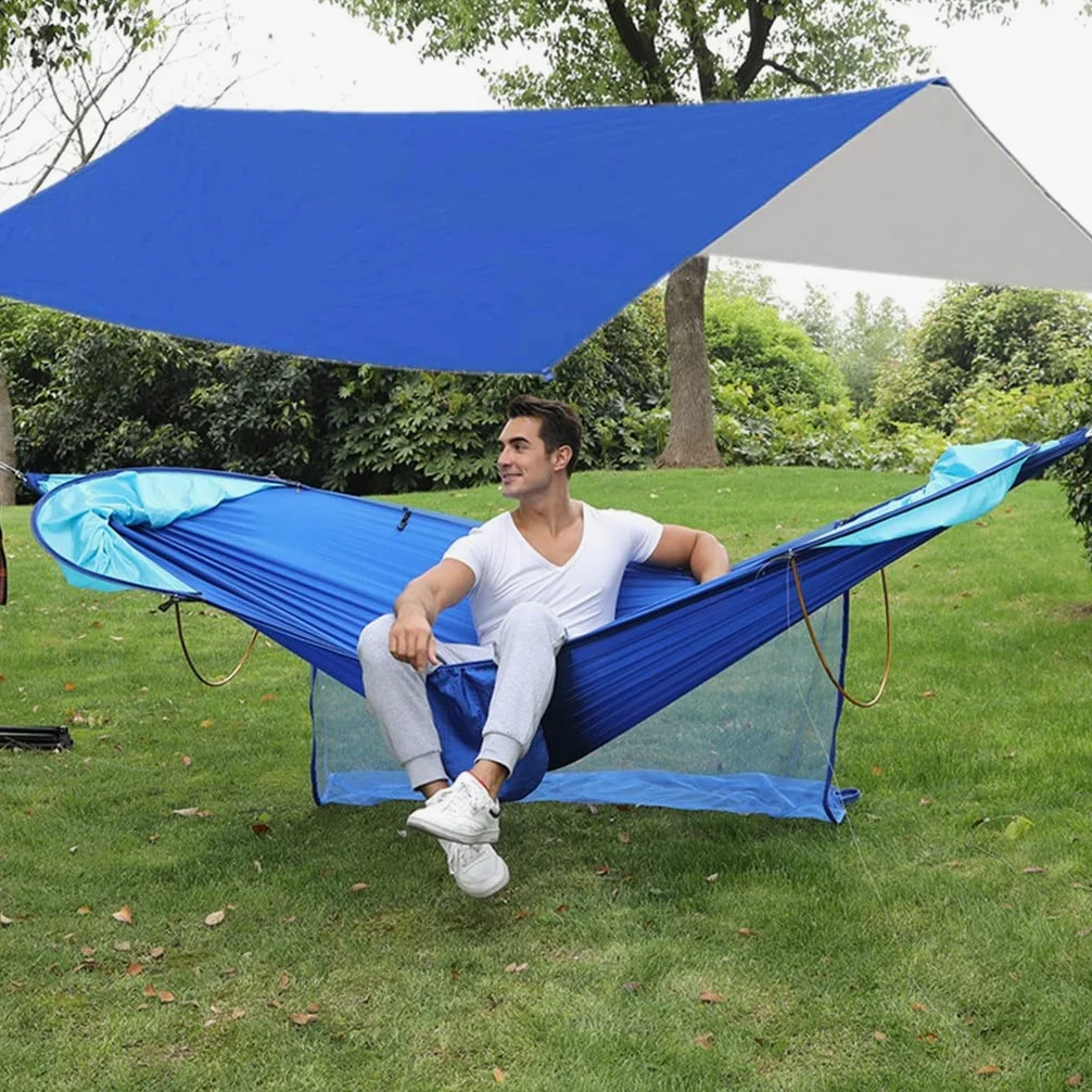 Hamac double de camping avec moustiquaire anti-retournement – Hamac d'extérieur portable pour voyage randonnée pour 2 personnes