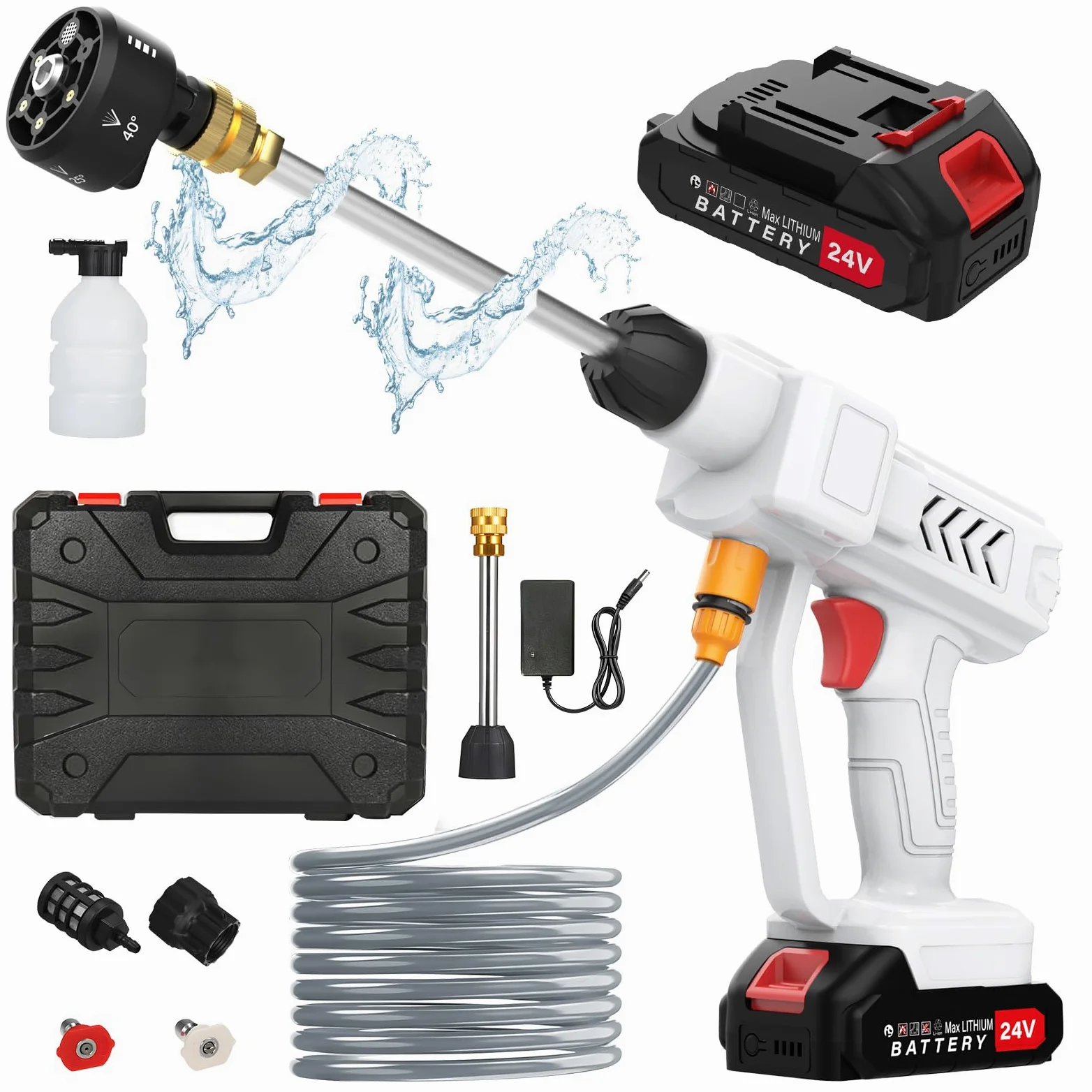 Nettoyeur Haute Pression sans Fil avec Multifonction Buse 6 en 1 21V, Nettoyeur Haute Pression sur Batterie 18 Bar, Tuyau de 5M, 2 Batteries, Pistolet de Lavage Haute Pression pour Voitures et Balcons