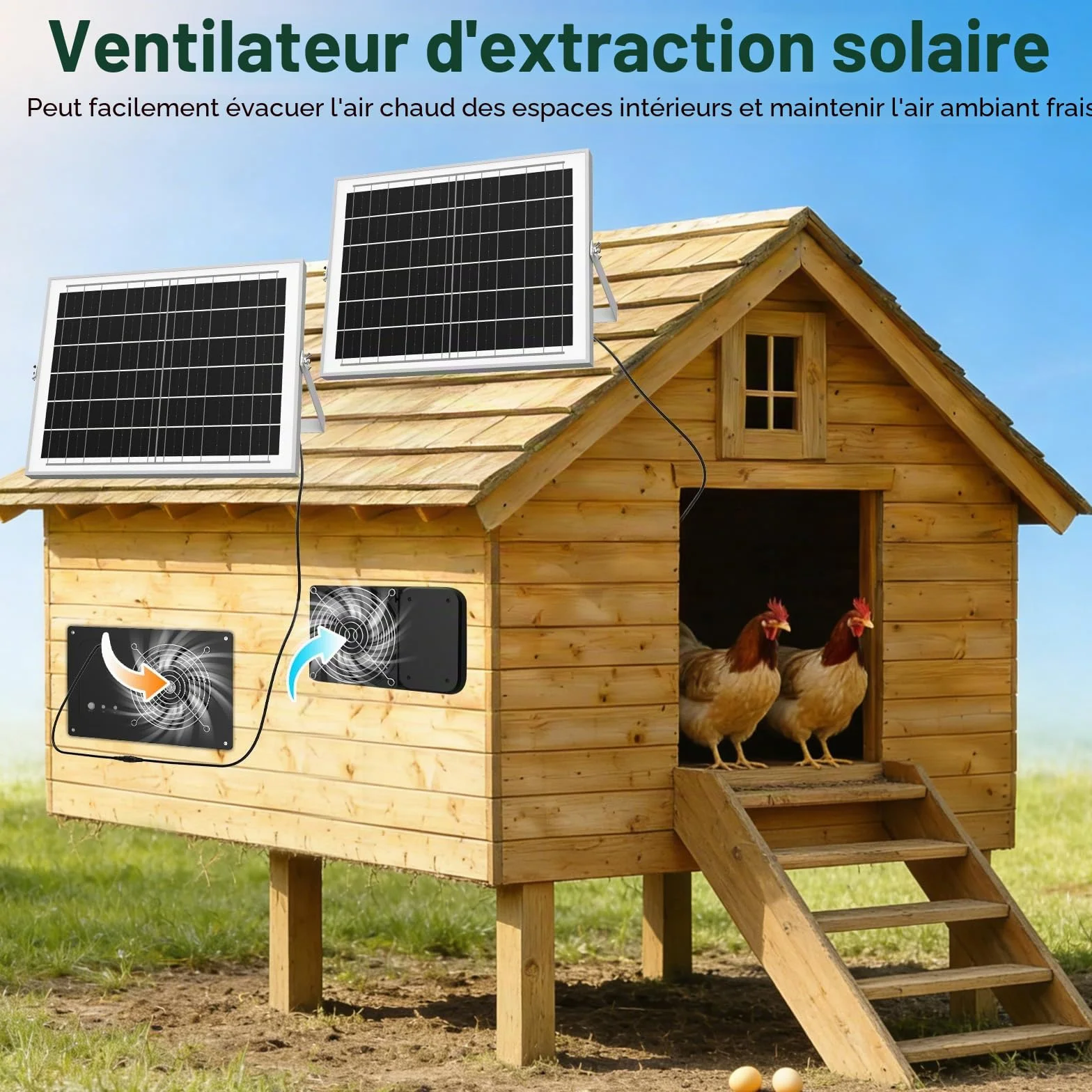 Ventilateur solaire 15000mAh 25W 3500RPM étanche silencieux pour poulailler serre