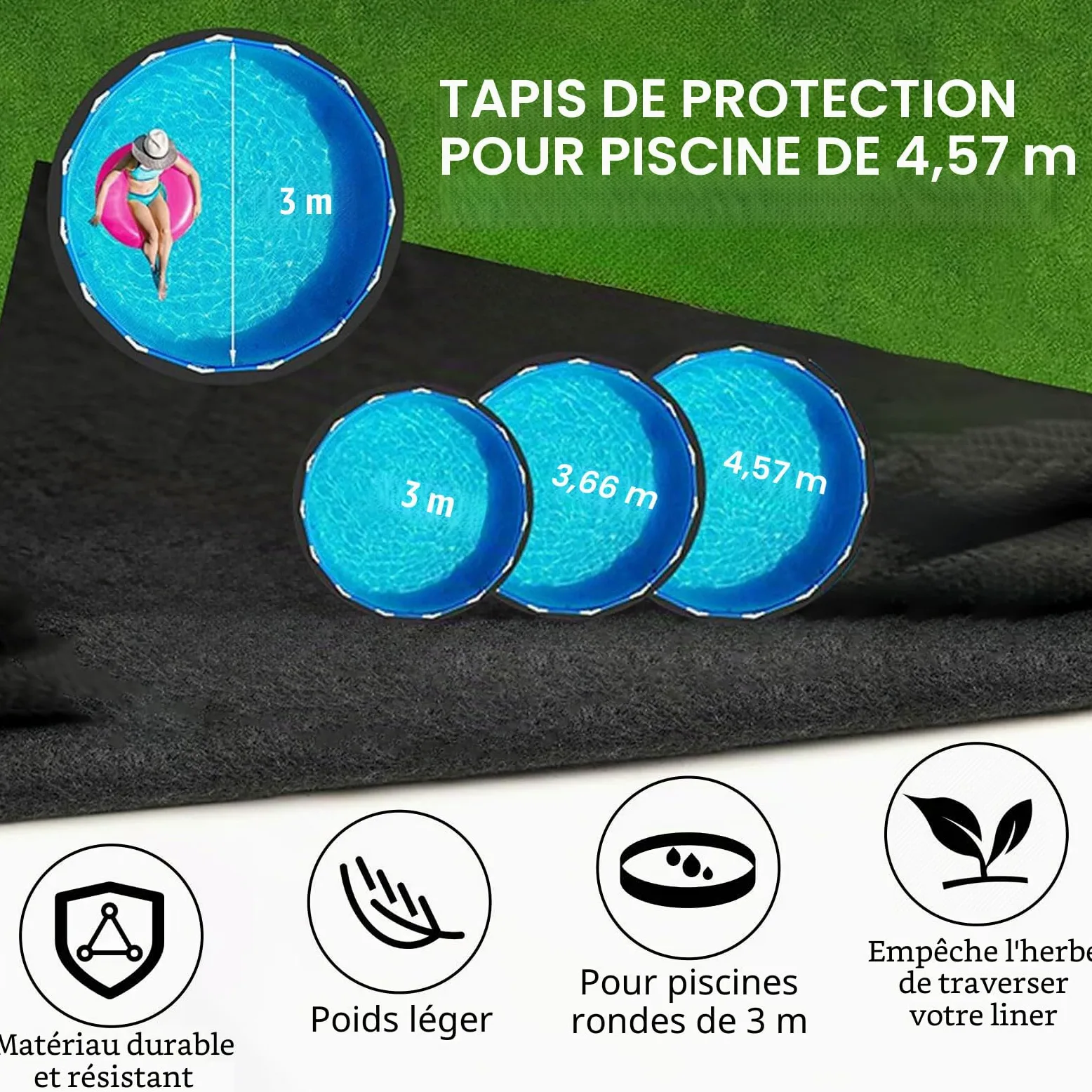Tapis de piscine rond - Tapis de sol rond - Pour piscines hors-sol et jacuzzis - Tapis de piscine antidérapant et imperméable - Pour l'extérieur, la cour, le jardin, la pelouse (noir/305 cm)