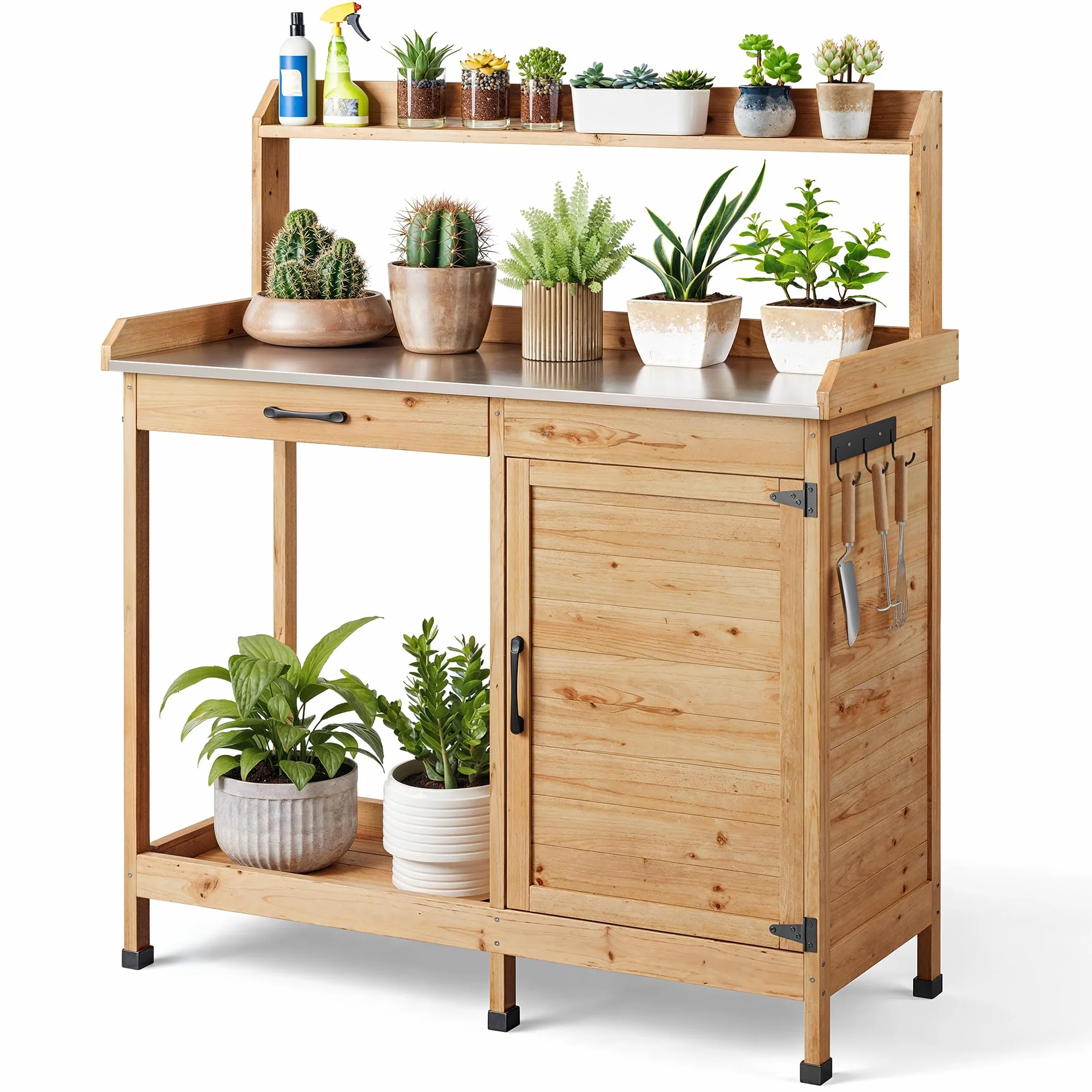 Table de Jardinage Bealife pour Plantes avec Banc, 111,6 x 46,5 x 125 cm, Naturel