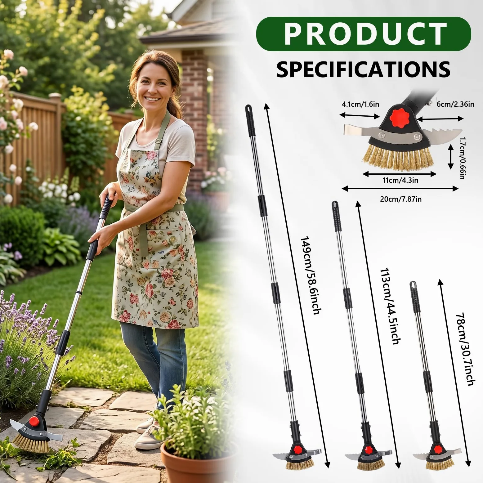 3-en-1 Grattoir à Mauvaises Herbes, à Long Manche Réglable | 1 Brosse Anti-Mousse, 2 Grattoirs en Acier Inoxydable, pour Eliminer les Mauvaises Herbes, Mmousse des Joints, Bords de Murs