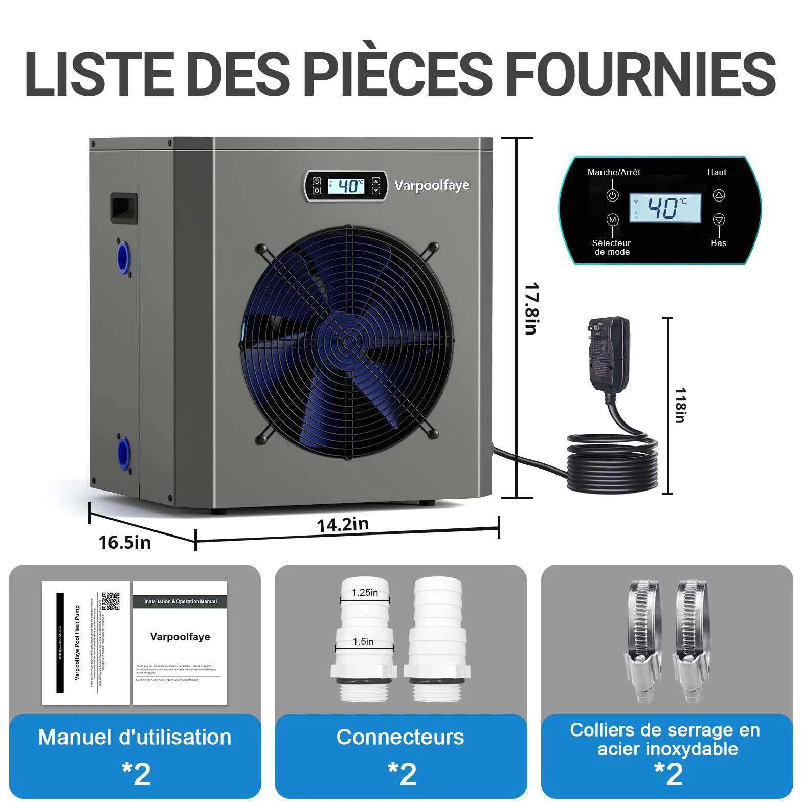 Pompe à chaleur électrique piscine 5 kW 20 m³ contrôle WiFi 220 V 240 V 50 Hz