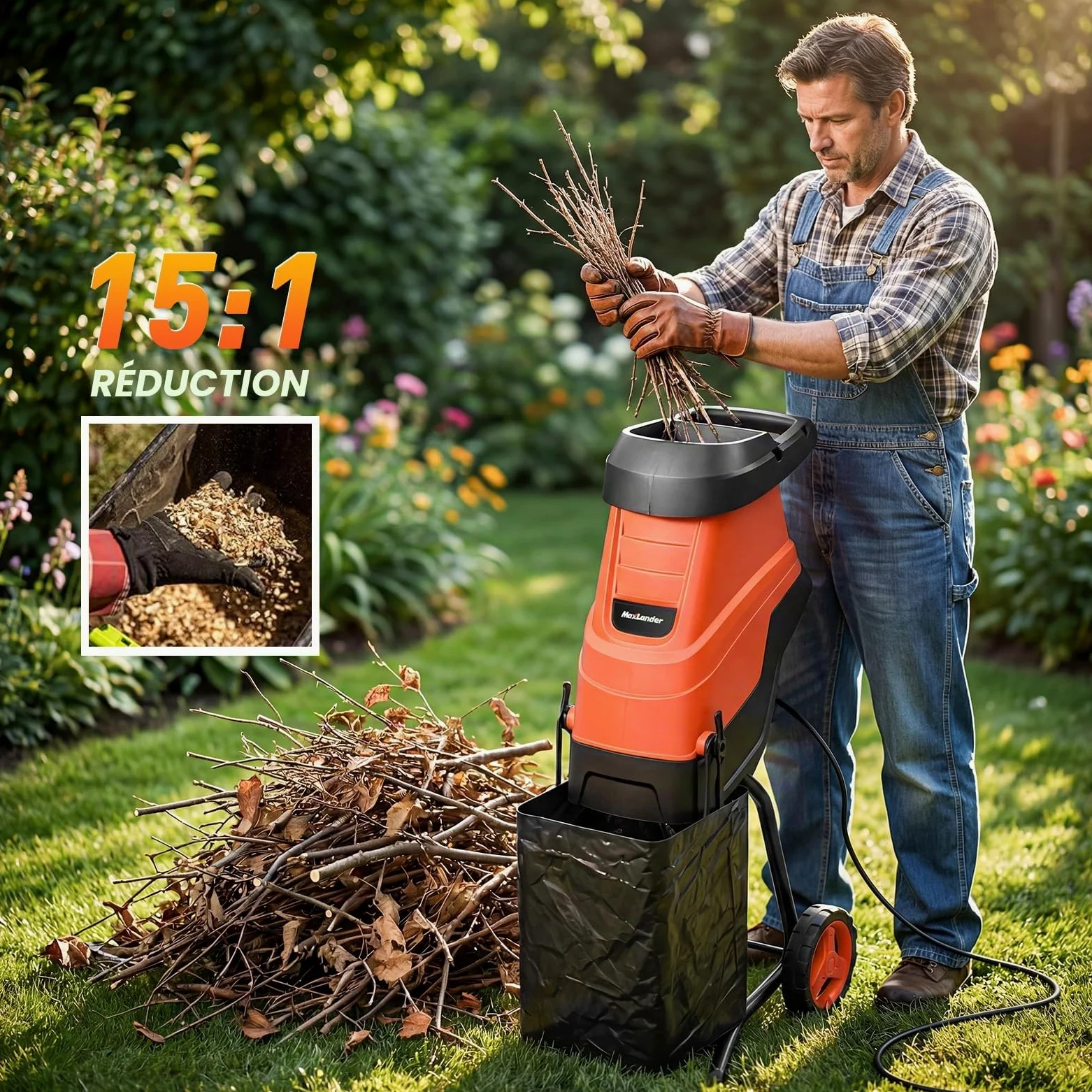 MAXLANDER 2600W broyeur vegetaux et Branches | Broyeur végétaux thermique 45 mm, lames SK5 double face + bac 45 L, pour compost et nettoyage jardin
