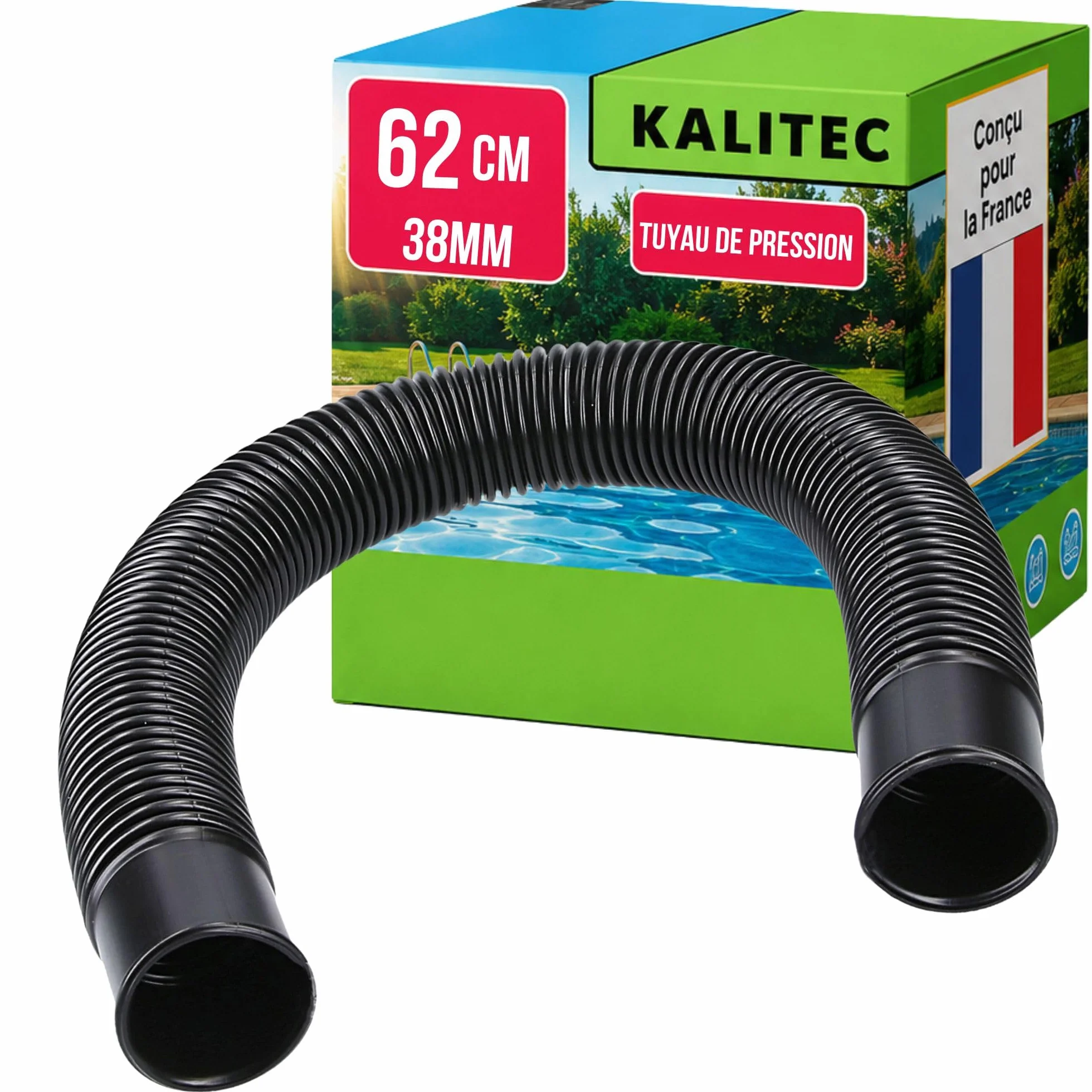 Kalitec tuyau pression 38 mm 62 cm noir aspiration flexible pompe piscine filtre sable skimmer raccordement 1 1/2 pouce