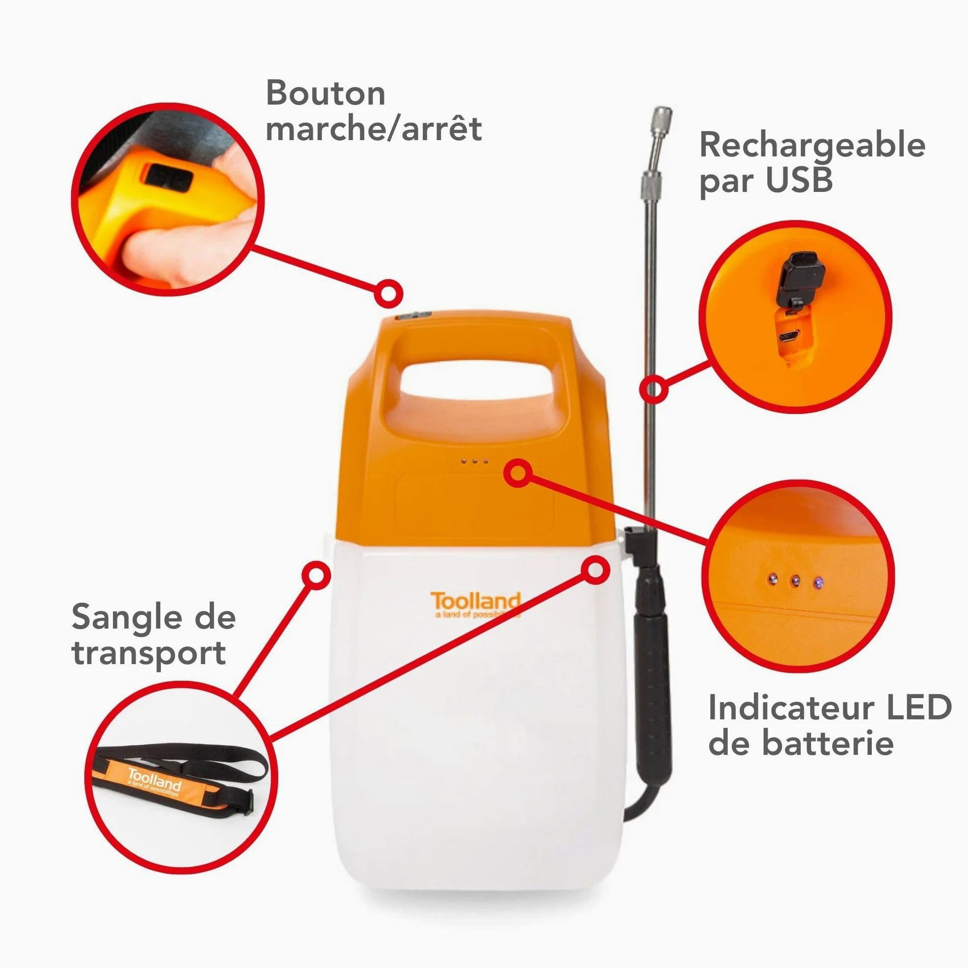 Toolland Pulvérisateur à Batterie Rechargeable 6L, pulverisateur électrique avec Lance, buse réglable, Ceinture, pulvérisateur de Jardin pour arrosage, désherbage et Protection des Plantes, Blanc,