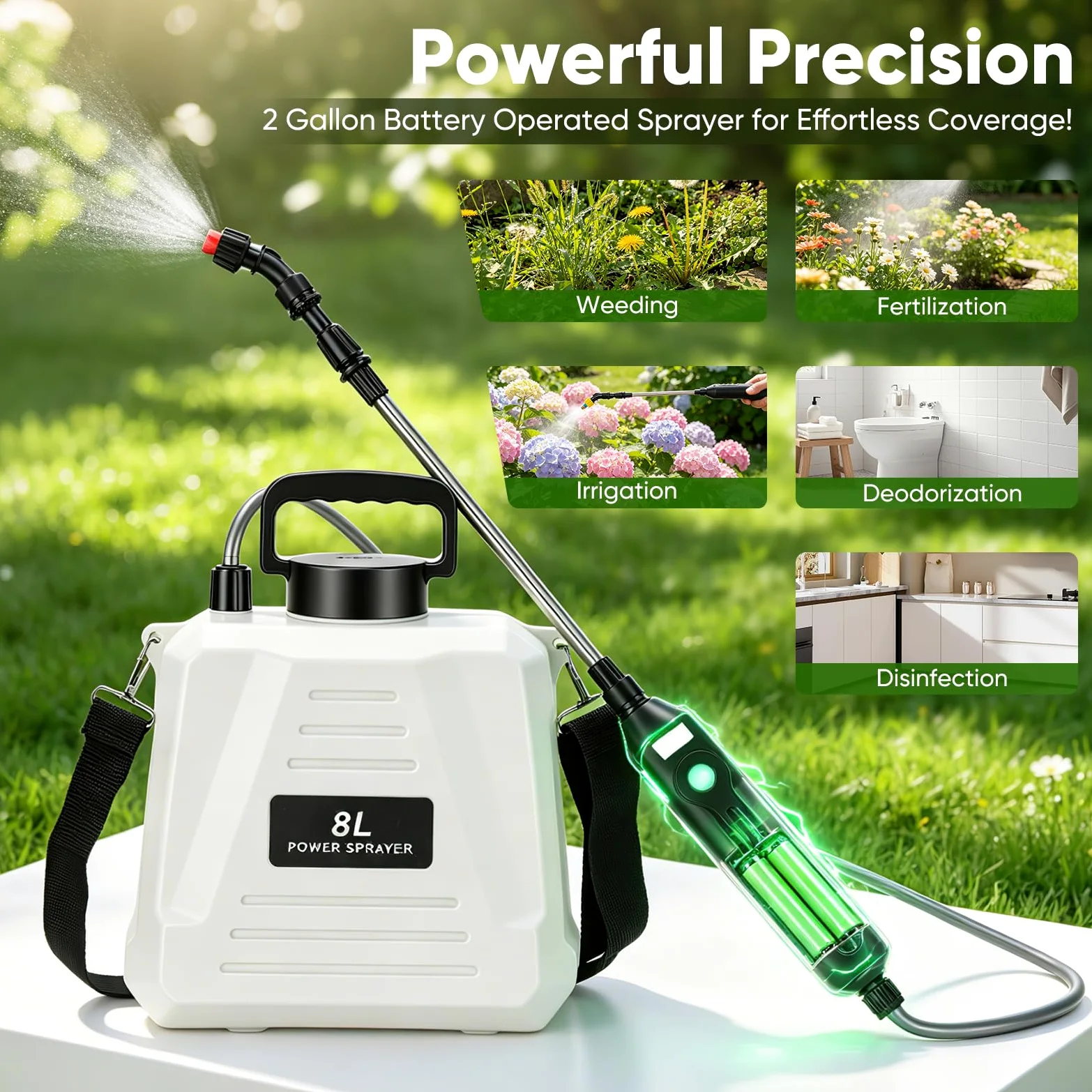 Pulvérisateur électrique 8L avec Batterie USB-C, 3 Buses, Lance télescopique, bandoulière, pour arrosage Jardin & désherbage