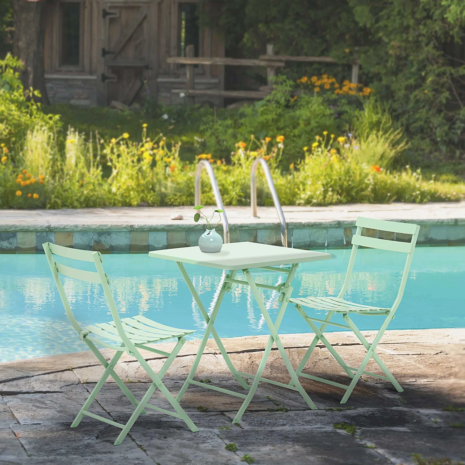 Outsunny Salon de Jardin Bistro Pliable Table Carrée 60x60x71 cm Métal Thermolaqué Vert d'Eau avec 2 Chaises