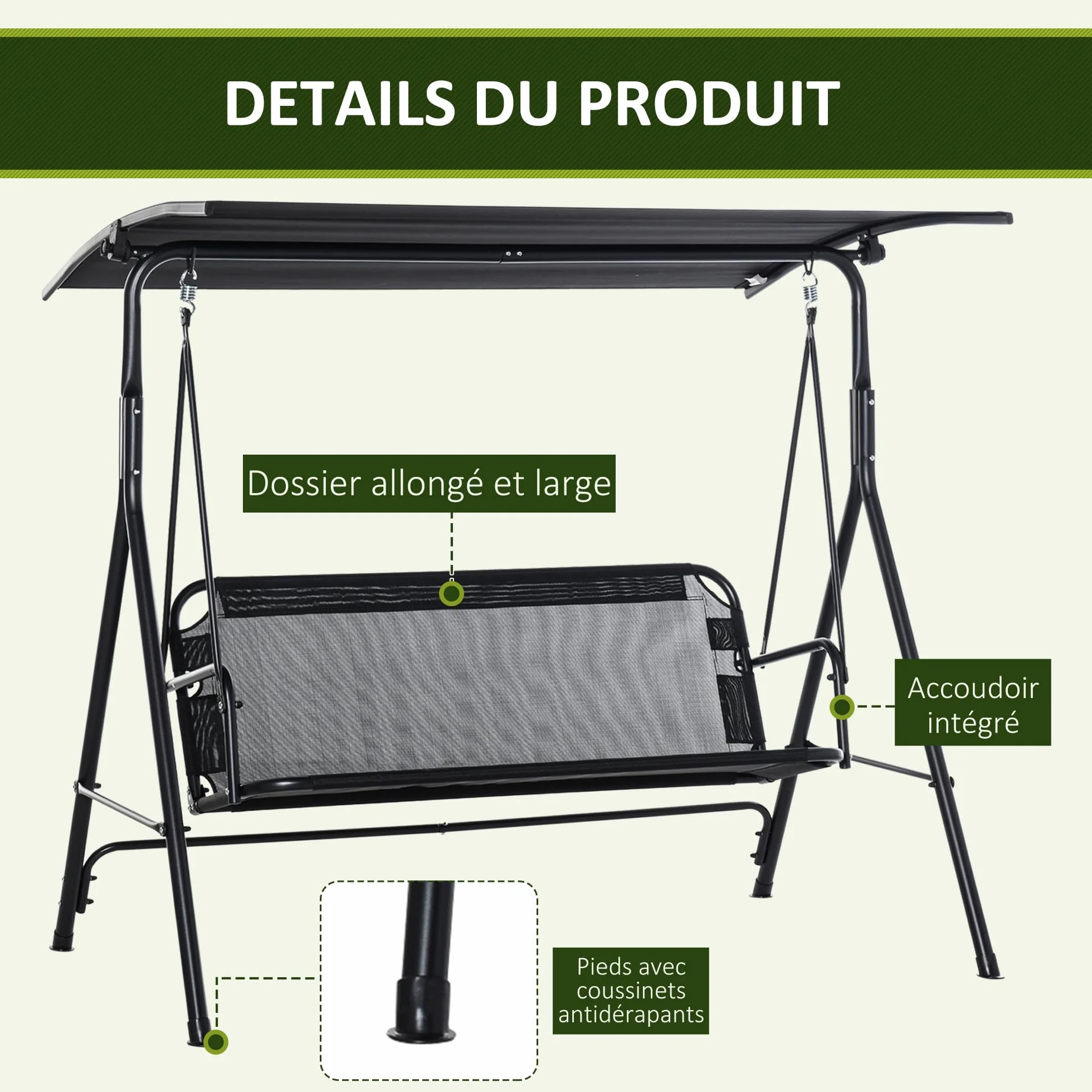Outsunny Balancelle de Jardin 2 Places, Toit Inclinaison réglable, Structure Acier, 172x110x155 cm, Noir
