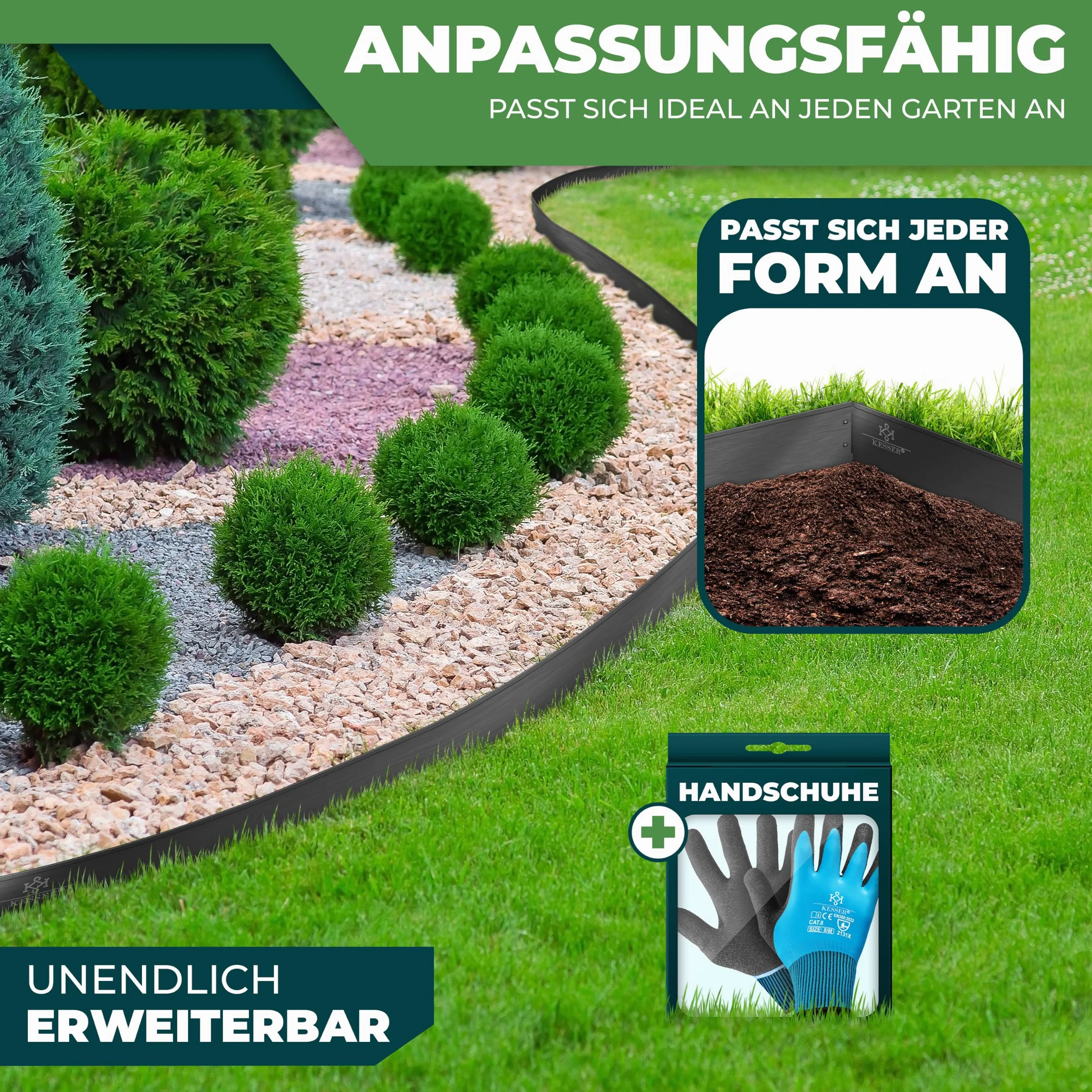 KESSER® Bordure de Jardin Métal | Barrière Pelouse 10m 100x18cm Bordure de Parterre métallique Tôles pour Gazon Palissade Noir | 10 m - 100 x 18 cm - Bordure de pelouse - Bordure de tonte - En métal - Noir - Avec gants