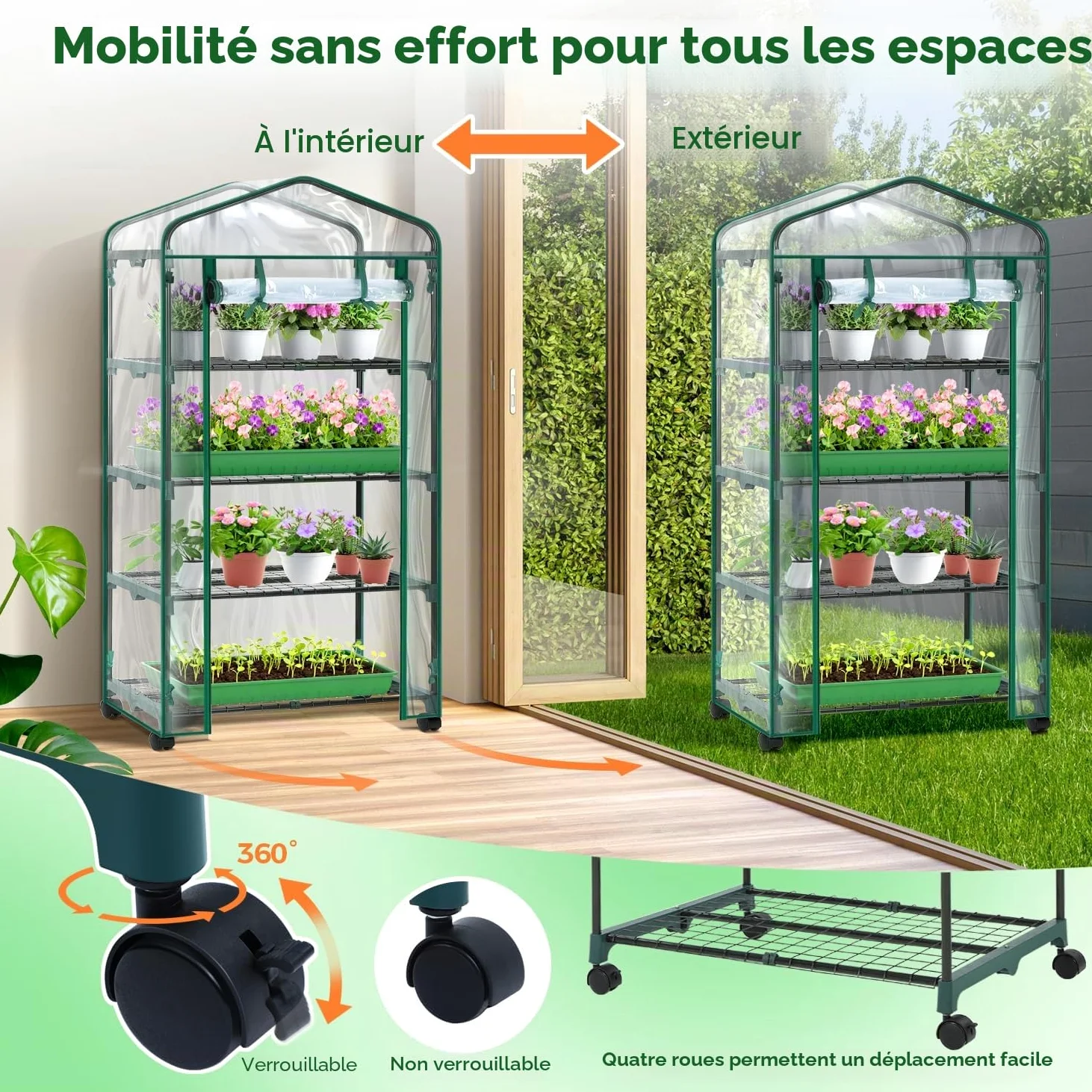 Ohuhu Petite Serre en Film Plastique de qualité supérieure avec Roues de Verrouillage - avec 4 étagères - Peu encombrante - pour Balcon et Jardin - 69 x 48 x 162 cm - Transparent