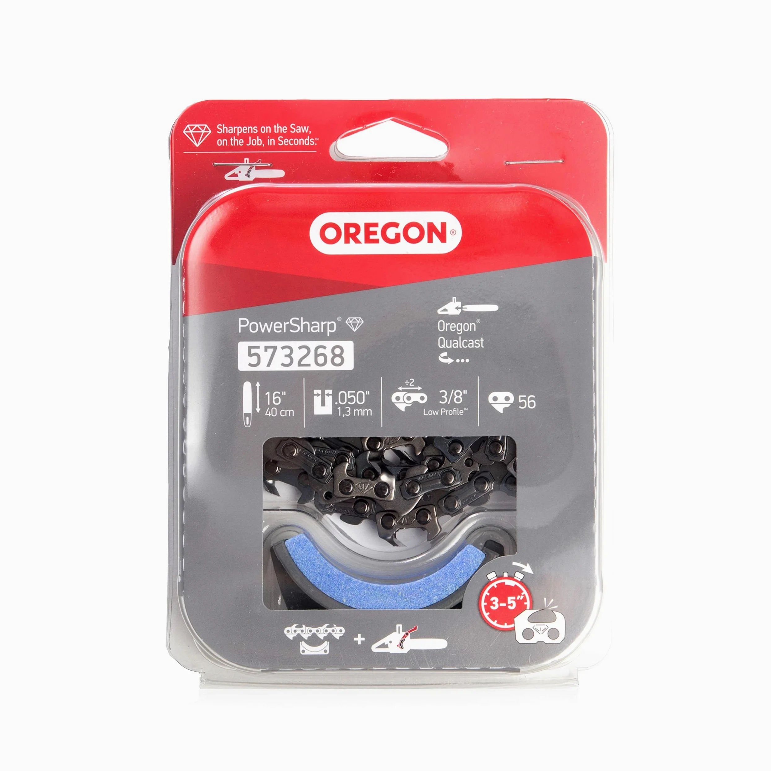Oregon - Chaîne de Tronçonneuse PowerSharp CS300, Pas de 3/8", Jauge de 1,3 mm, 56 Maillons d'Entraînement pour Guide-Chaîne de 40 cm, Faible Rebond, Compatible avec Oregon CS300 et Qualcast YT4353-02