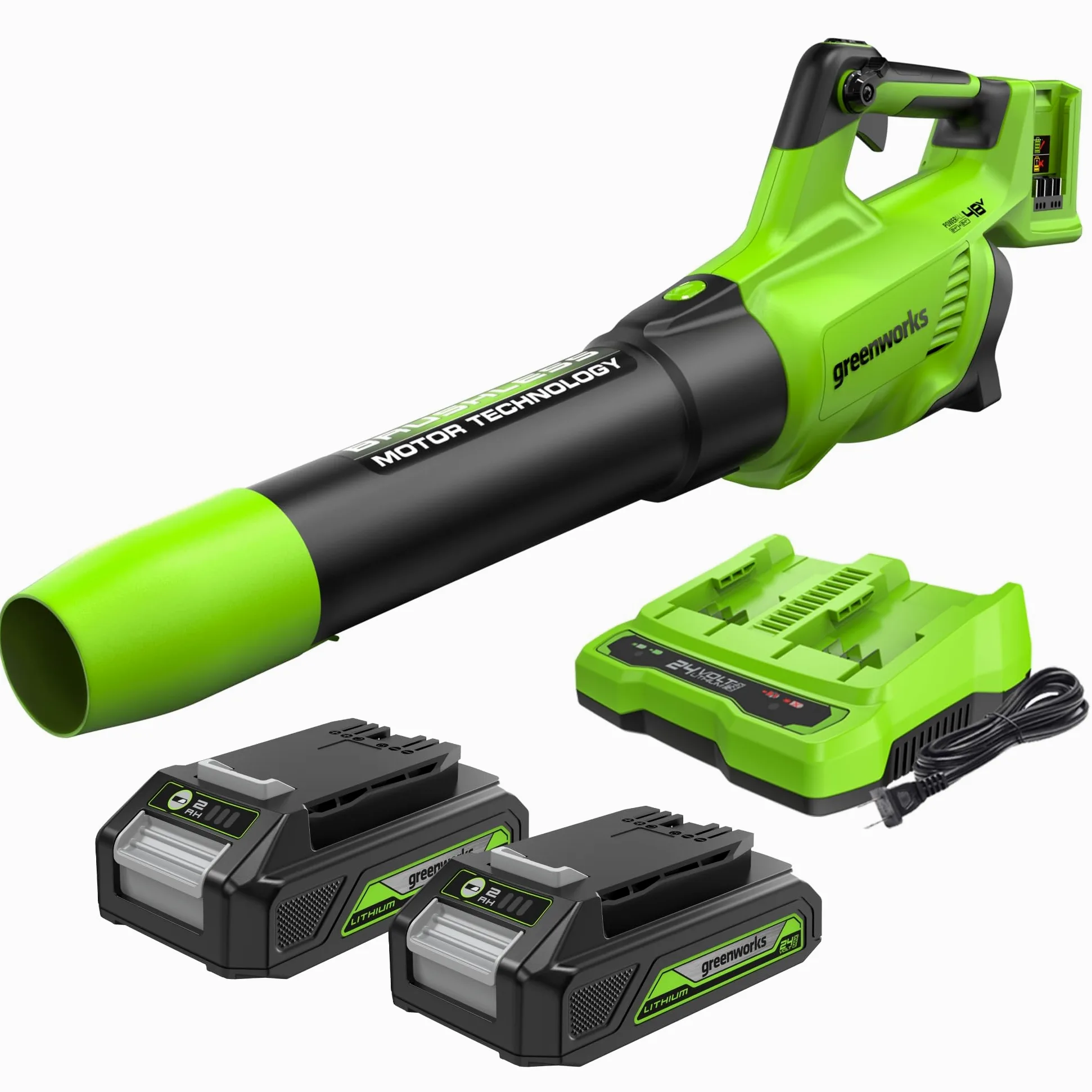 Greenworks 48V(24Vx2) Souffleur à Batterie Axial de Feuilles Sans Fil avec Moteur Sans Balai, Fonction Turbo, 217 km/h, 16,4 m³/min, AVEC Deux Batteries 24V 2Ah et Chargeur, Garantie 3 Ans GD24X2ABK2X