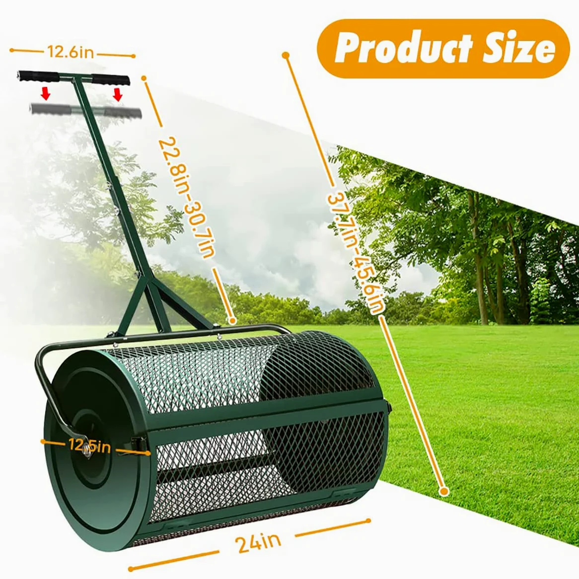 Épandeur de compost, rouleau de mousse de tourbe durable de 61 cm, rouleau d'épandage de fumier léger avec poignée en forme de T, épandeur de terre supérieur pour pelouse et jardin, marche et panier à